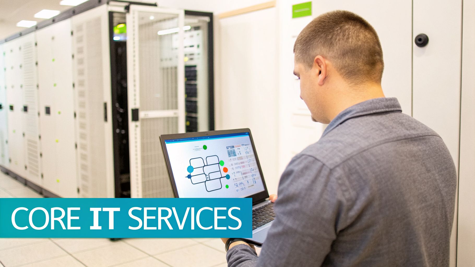 An IT professional monitoring systems on a laptop in a data center, highlighting core IT services.