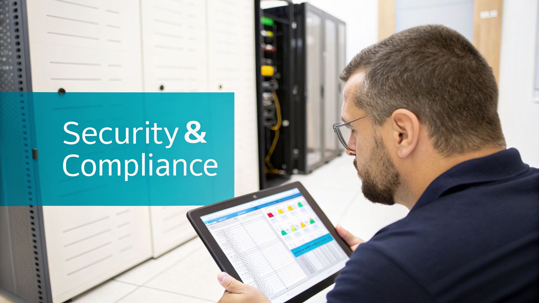 A man in a data center examining a tablet with a data management interface, text reads "Security & Compliance".