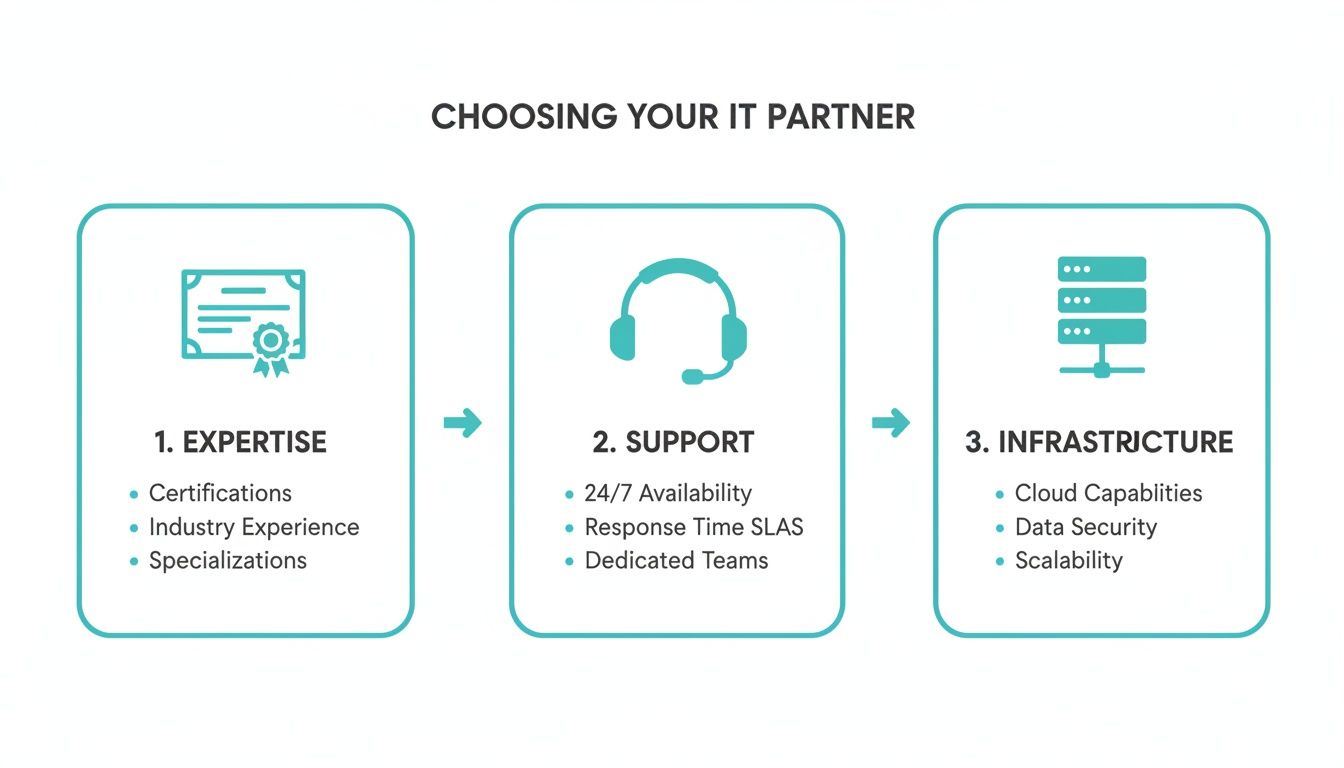 A diagram outlining three key factors for choosing an IT partner: expertise, support, and infrastructure.