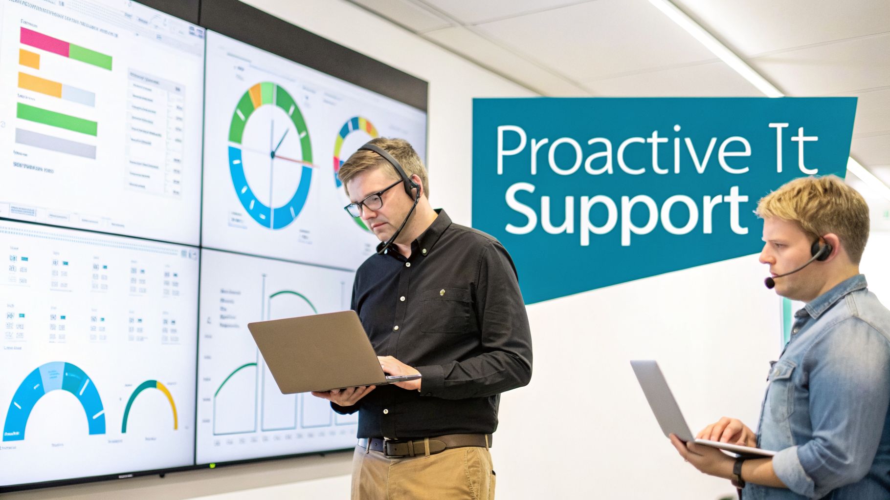 Two men with headsets and laptops monitor data dashboards for proactive IT support.