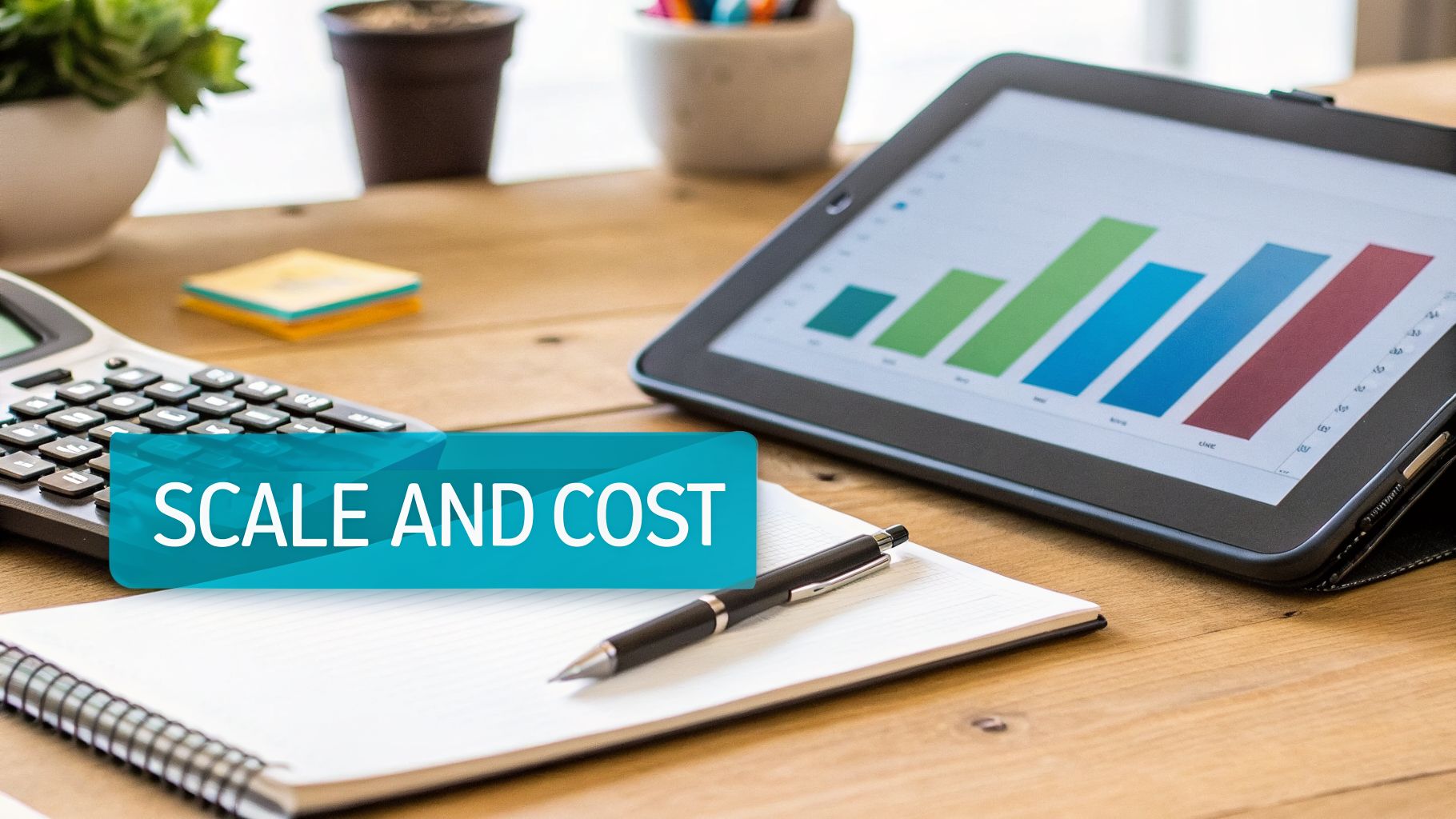 A business desk with a calculator, a tablet displaying a bar graph, and a banner reading 'SCALE AND COST'.