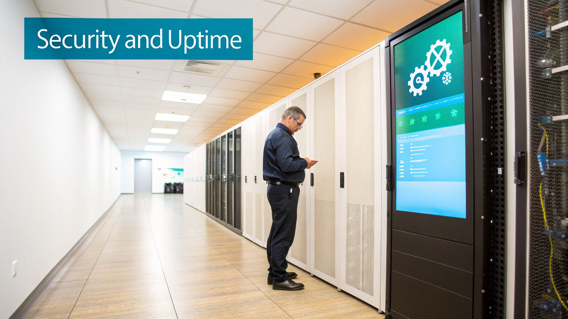 An IT technician monitors server racks and a data center screen in a long hallway.