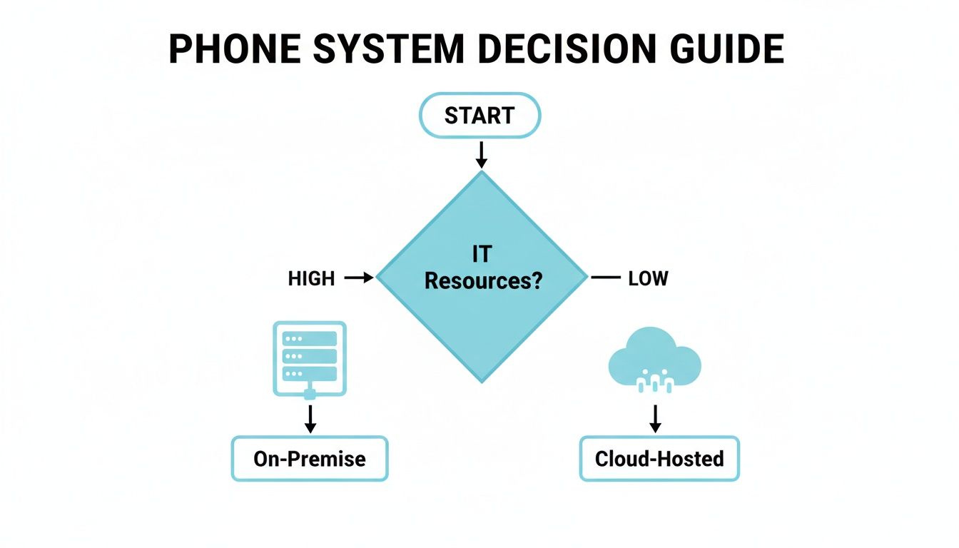 A flowchart decision guide for phone systems: Start, then 'IT Resources?'. High leads to 'On-Premise', Low leads to 'Cloud-Hosted'.