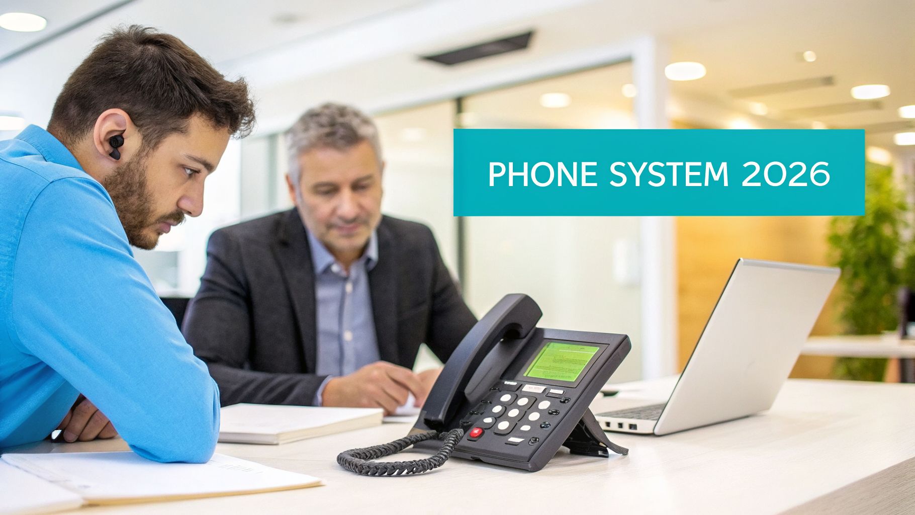 Two businessmen discuss future phone systems in a modern office, with a desk phone and laptop on the table.