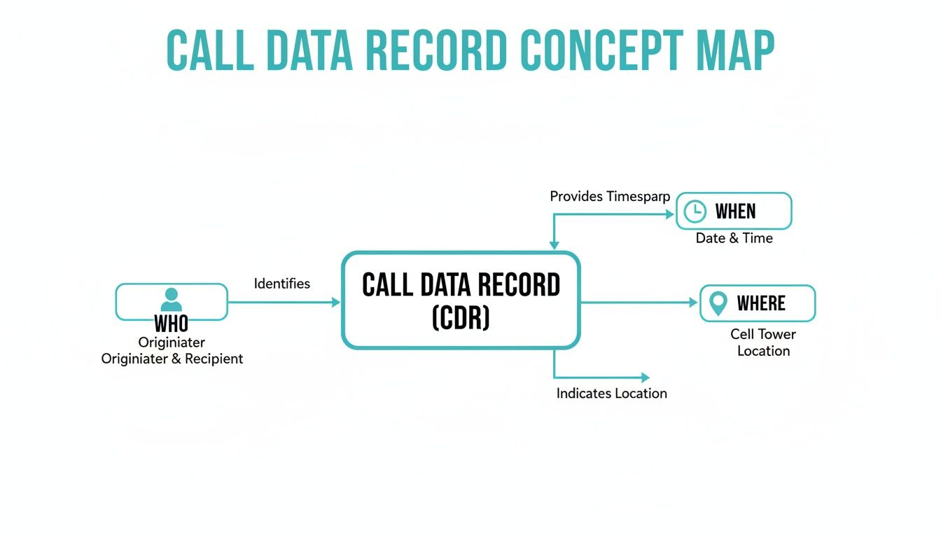 A concept map illustrating Call Data Records (CDR), detailing who, when, and where information.