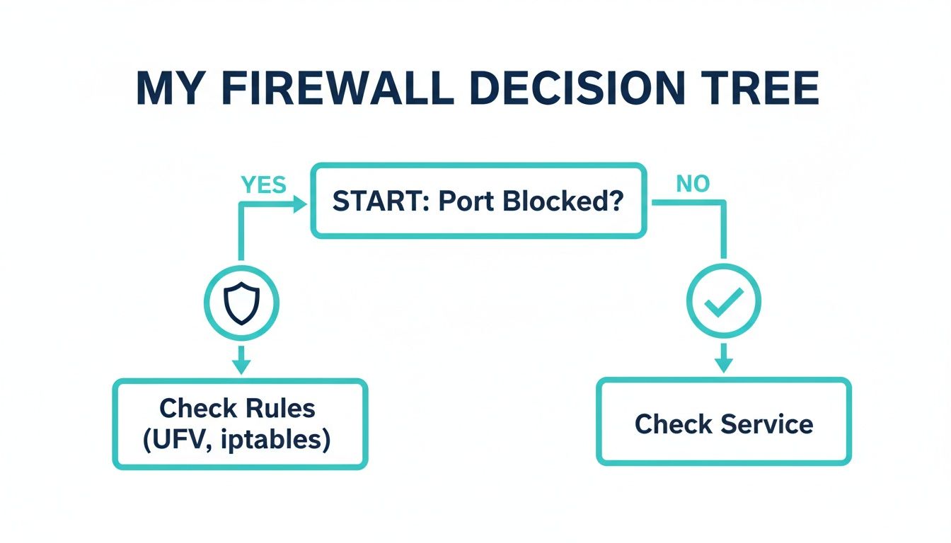 Flowchart illustrating a firewall decision tree for troubleshooting port blocking, rules, and services.