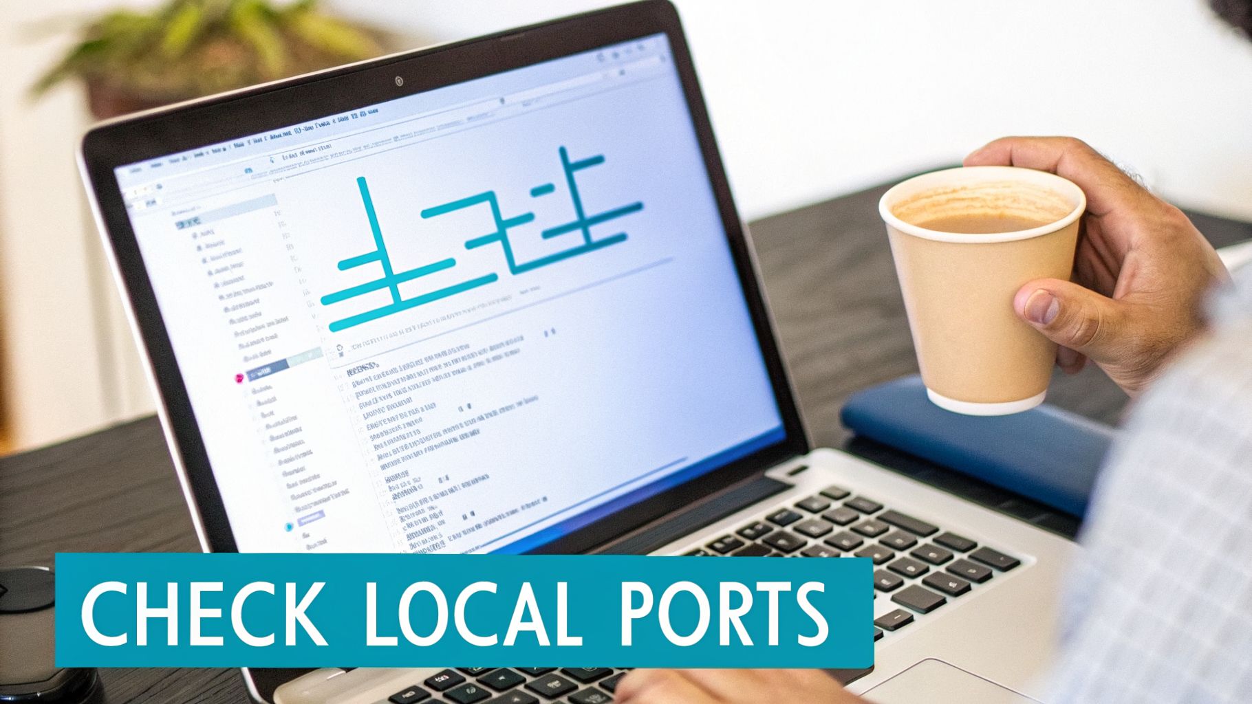 A person is checking local ports on a laptop screen, holding a coffee cup.