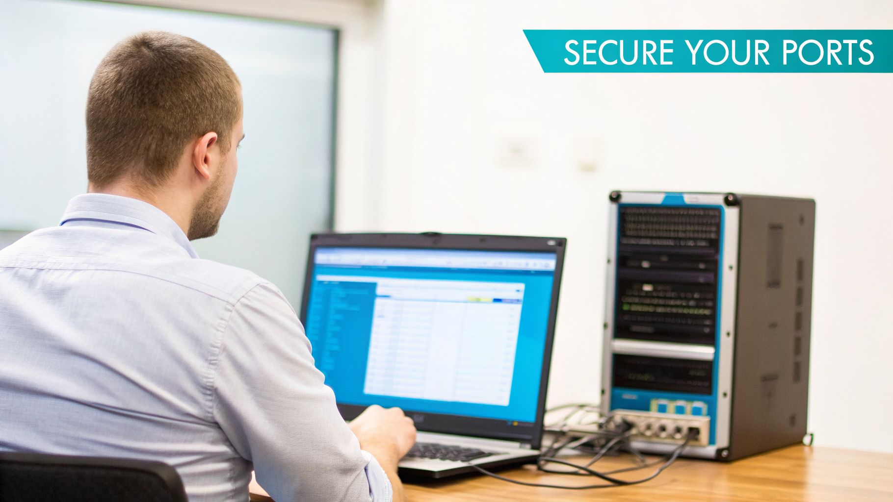 Rear view of a man managing network ports on a laptop, with a server and 'SECURE YOUR PORTS' banner.