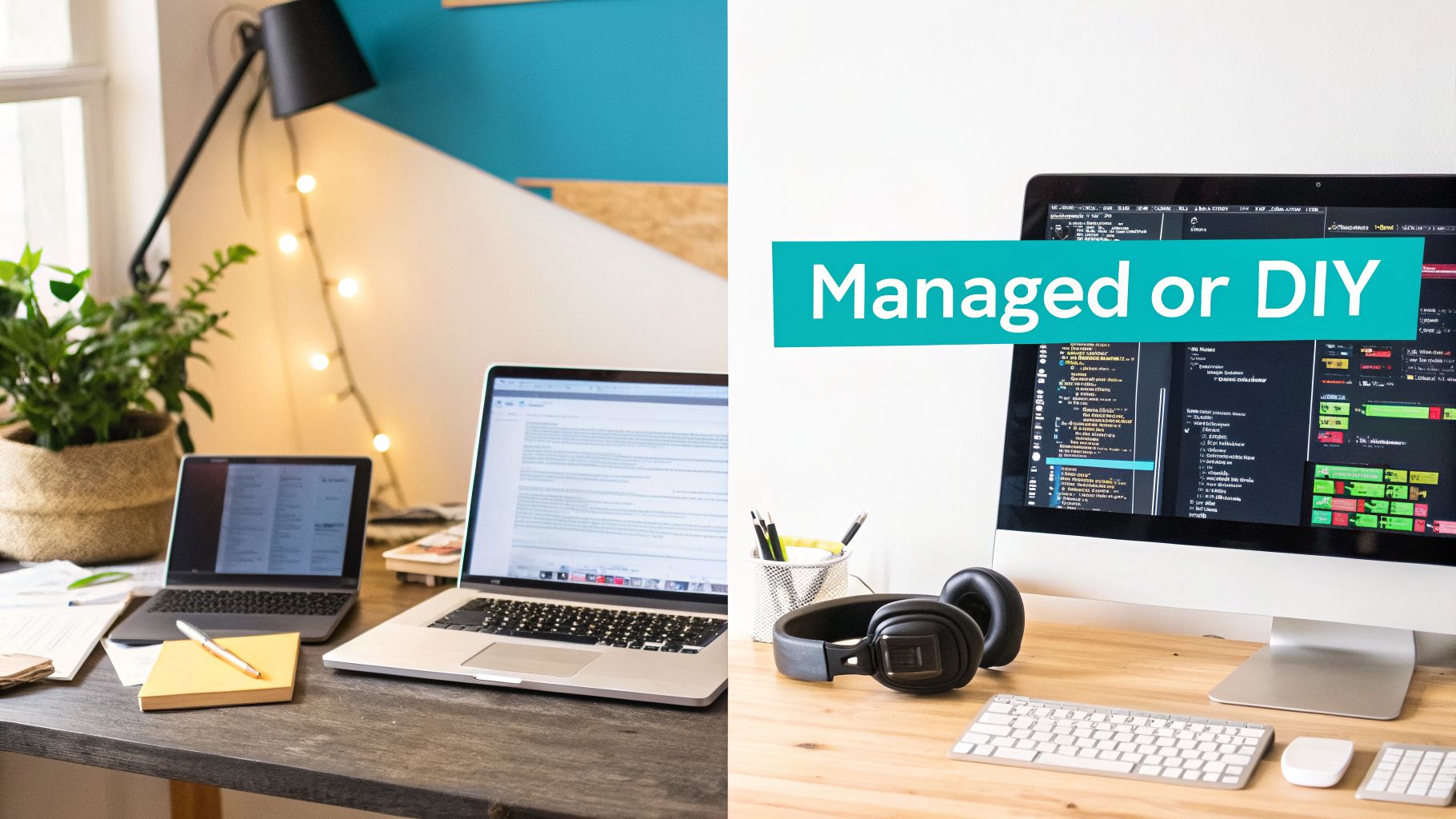 Two contrasting office setups: a cozy home office with laptops and a modern coding workspace with 'Managed or DIY' text.