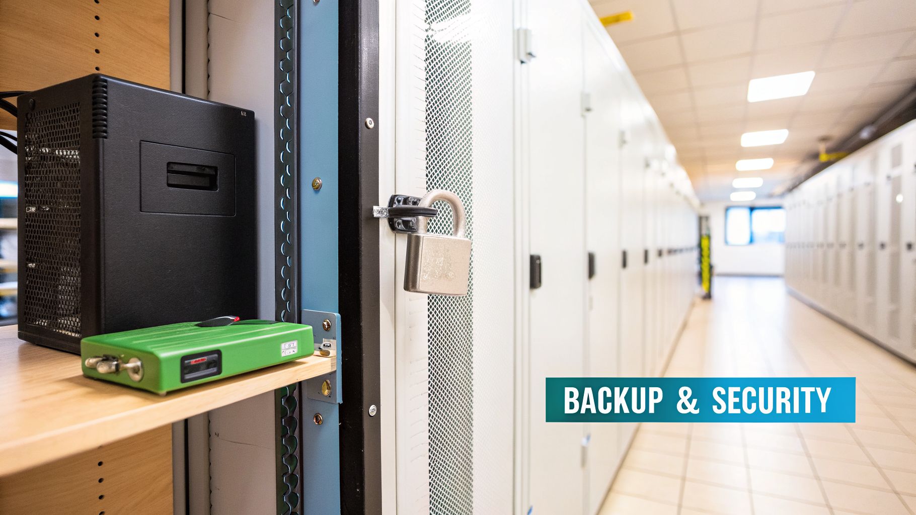 A secure data center with server racks, a padlock on a cabinet, and backup equipment.