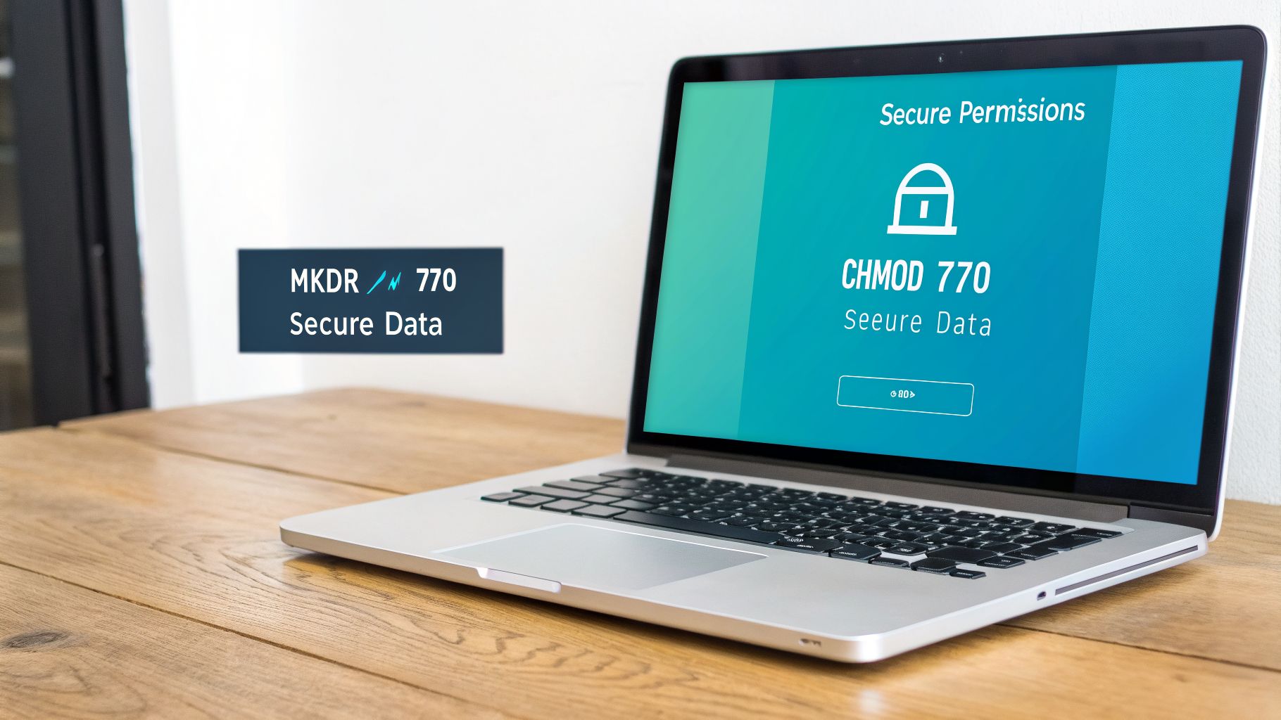 A laptop on a wooden desk displaying 'Secure Permissions' and 'CHMOD 770' related to secure data access.
