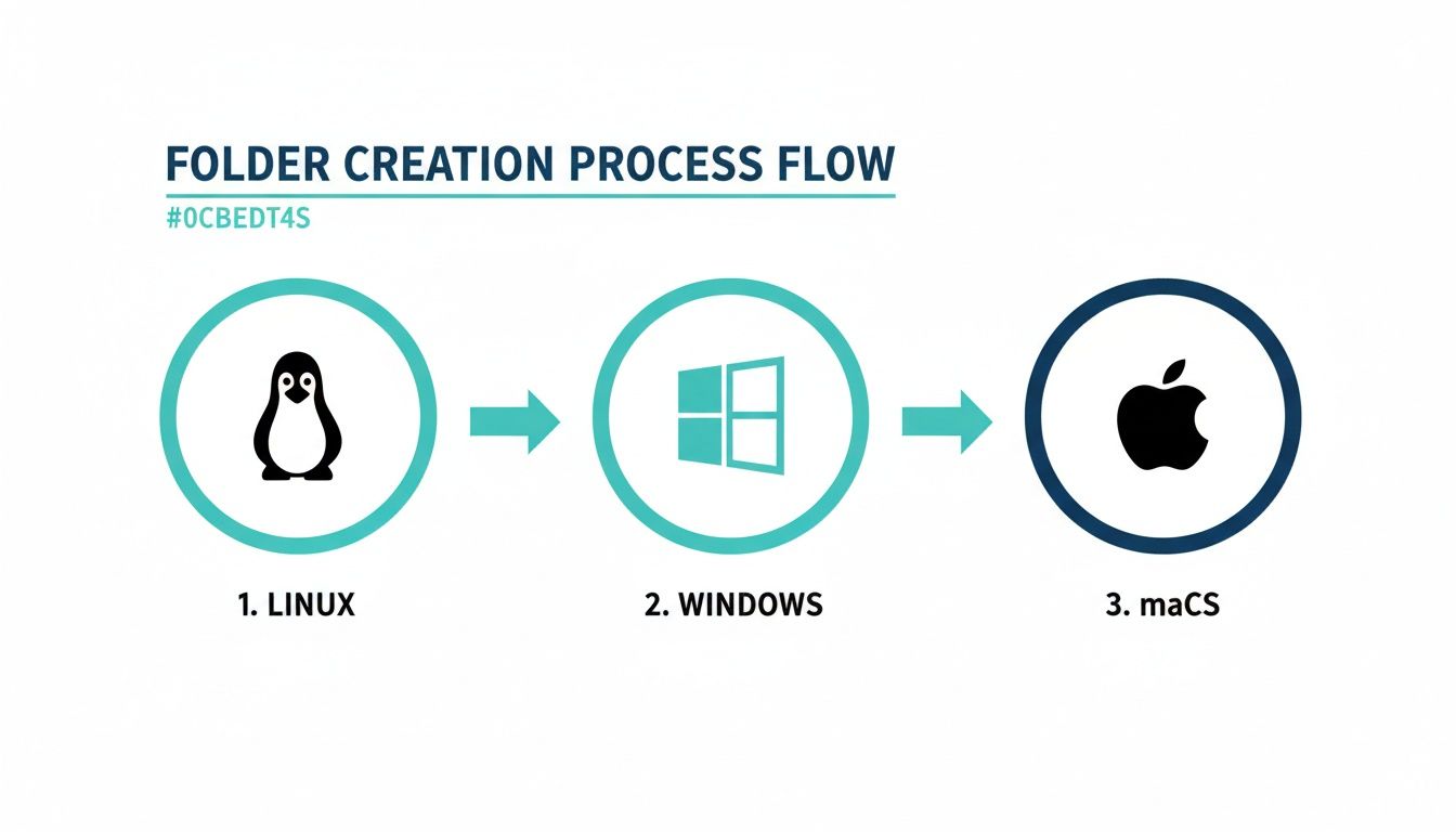 Flowchart illustrating folder creation process across Linux, Windows, and macOS operating systems.