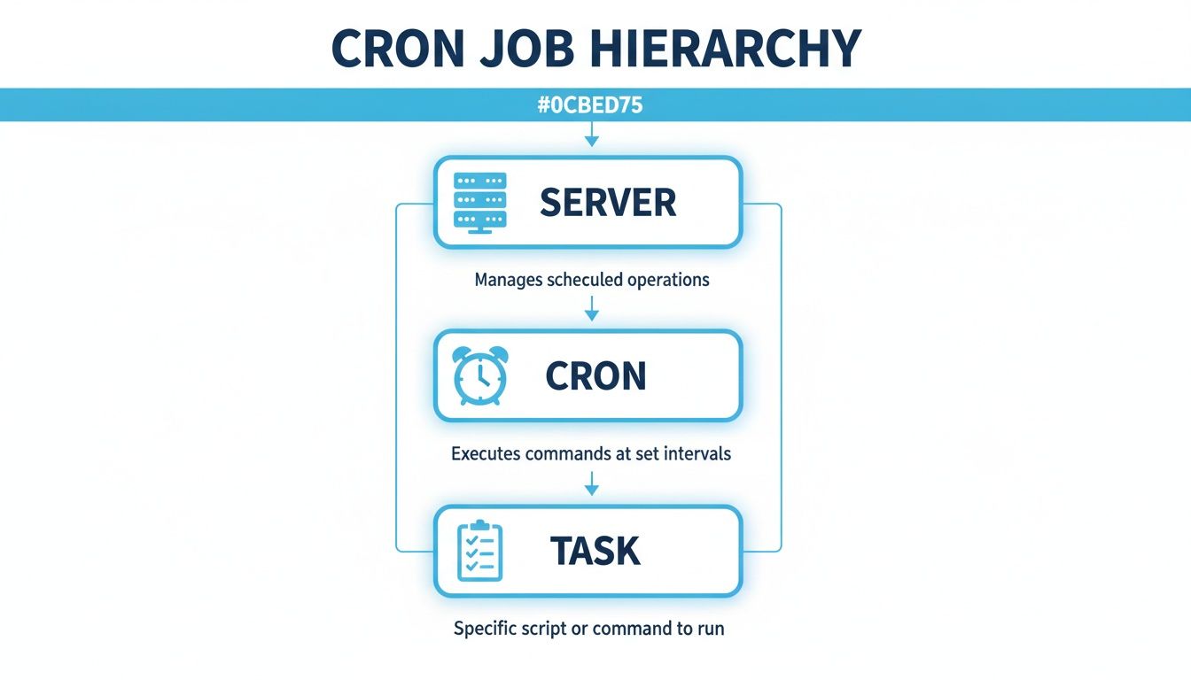 Diagram illustrating the cron job hierarchy, showing server, cron, and task levels with descriptions.