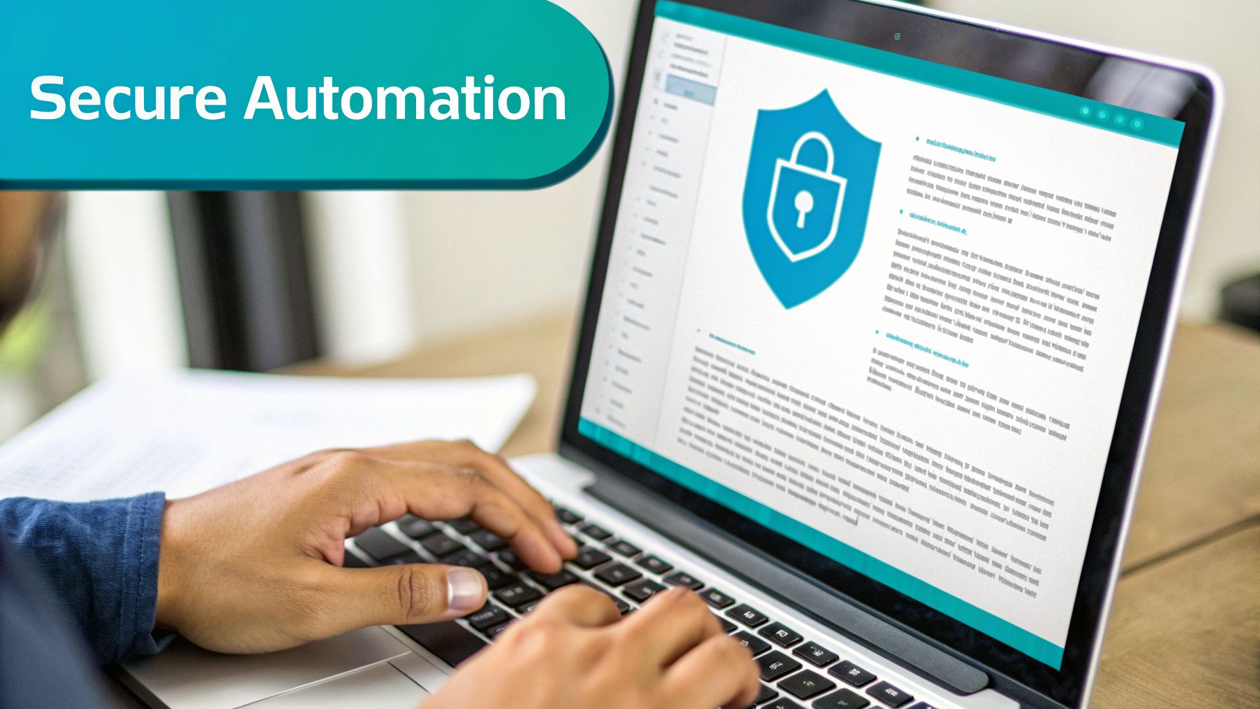 A person types on a laptop displaying a security shield icon and 'Secure Automation' banner.