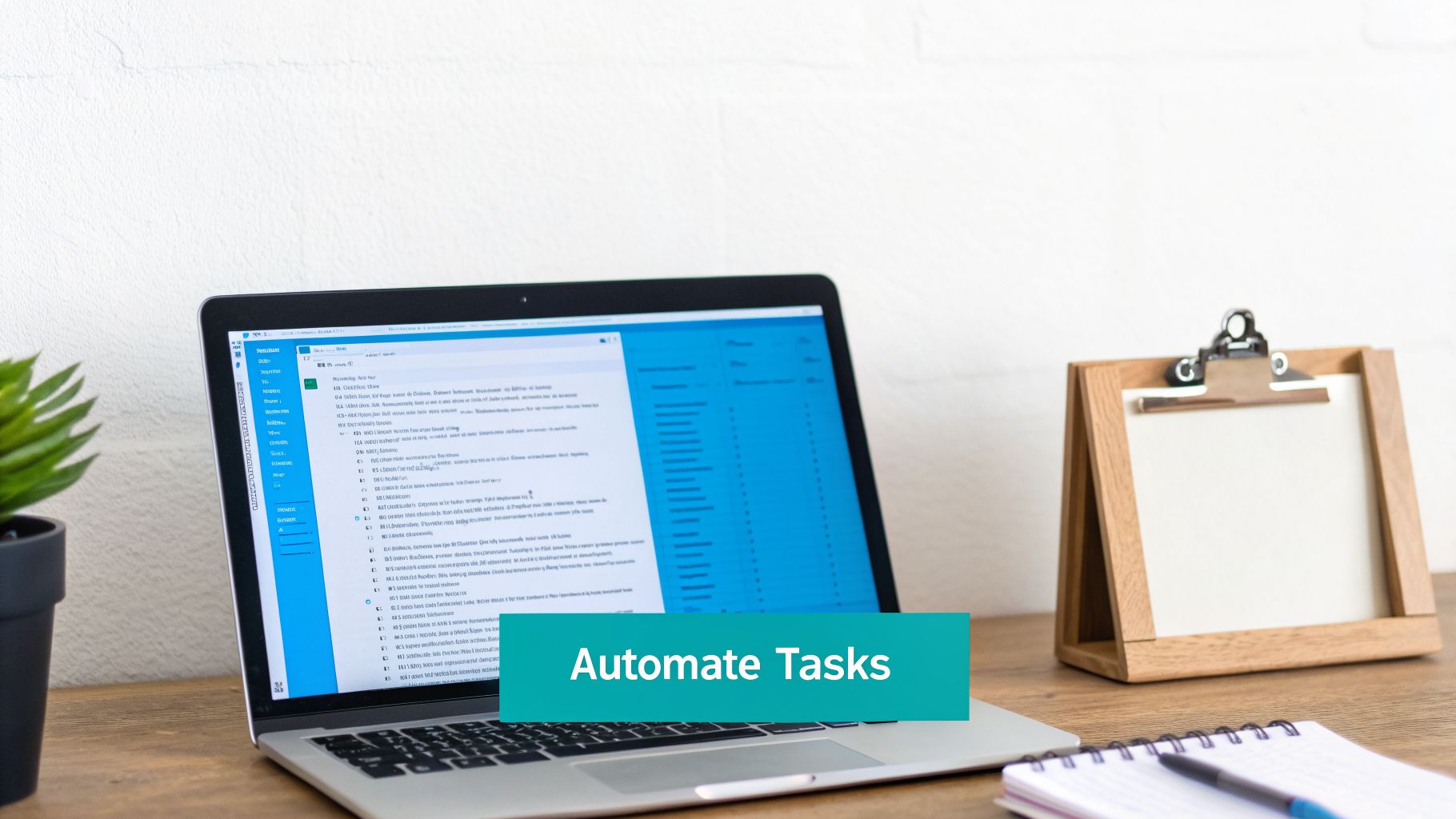 A laptop on a wooden desk displays task automation software with a prominent 'Automate Tasks' banner.