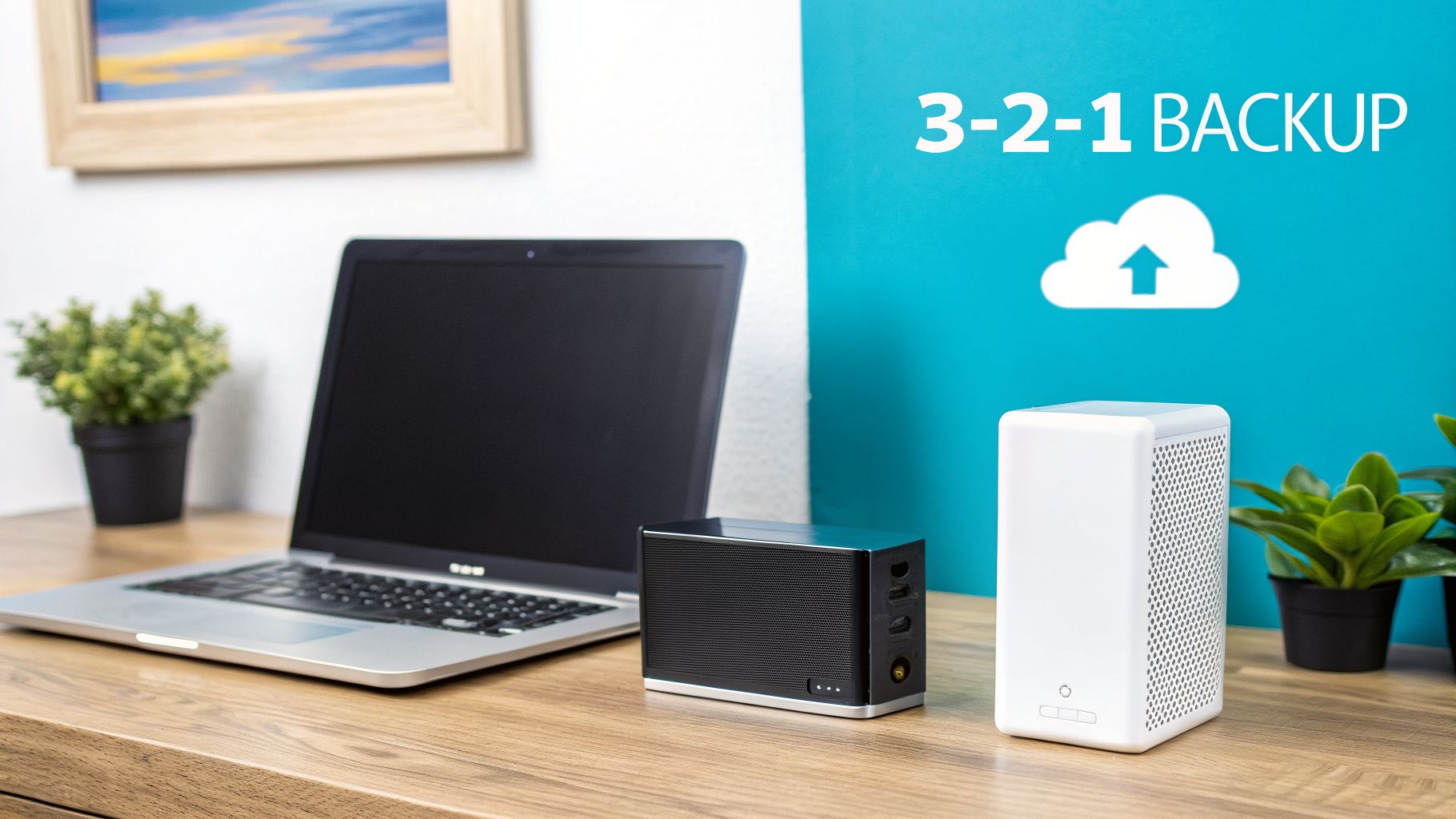 Desk setup featuring a laptop, two backup storage devices, and a '3-2-1 Backup' sign.