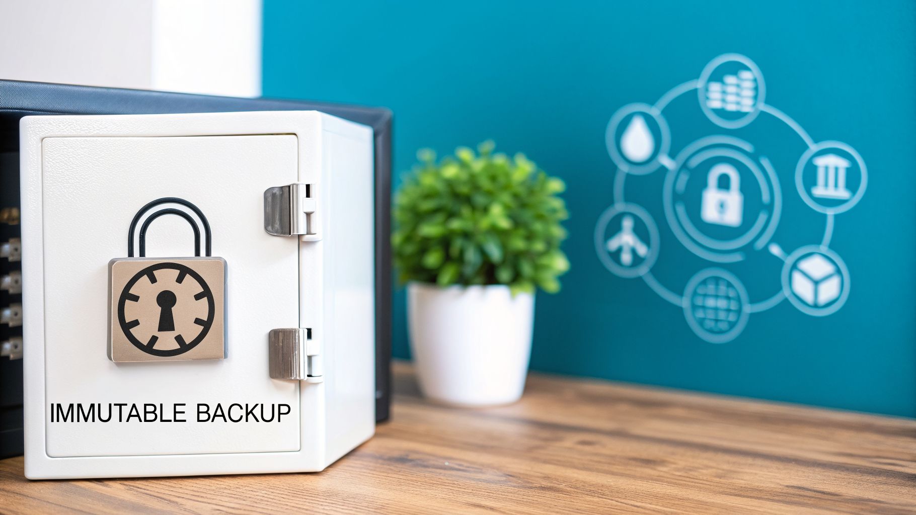 White safe labeled 'IMMUTABLE BACKUP' with a padlock icon, symbolizing secure data storage and solutions.