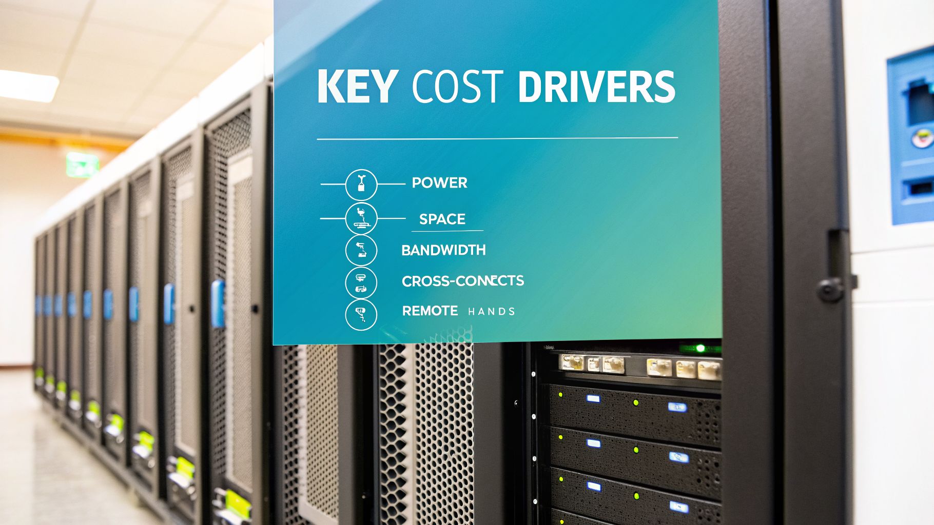 A data center rack with a prominent sign detailing key cost drivers including power, space, and bandwidth.