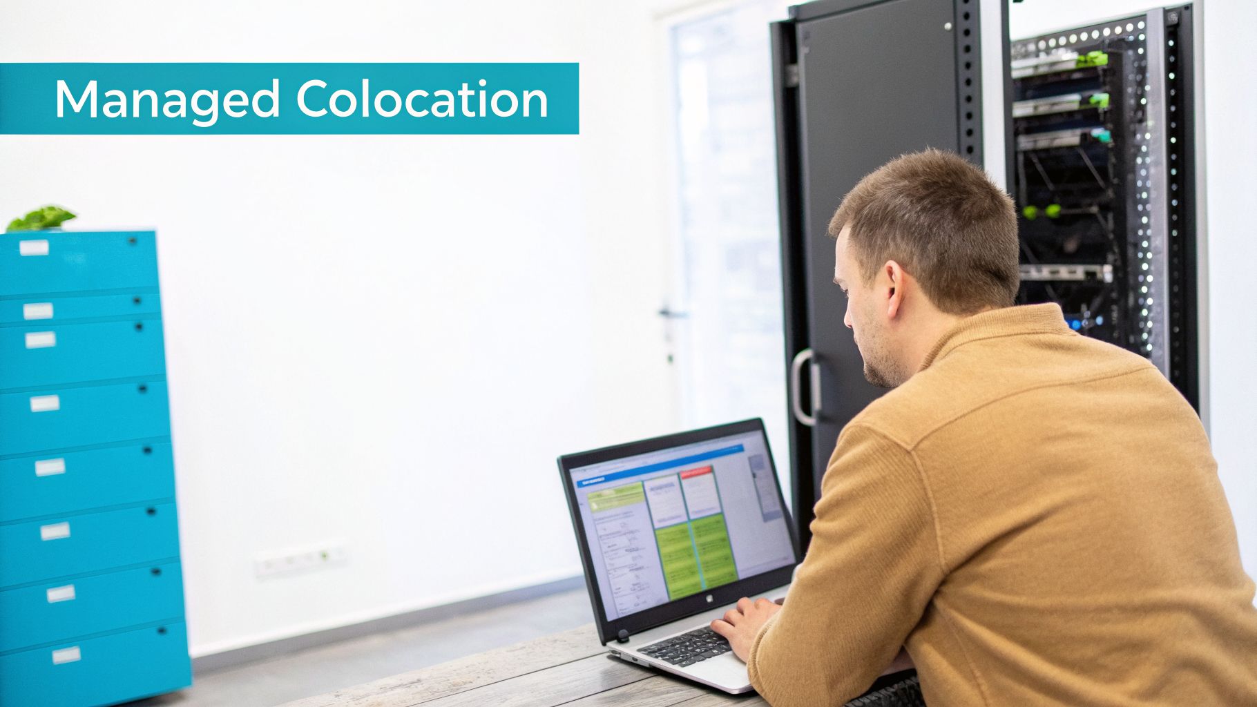 A man works on a laptop in a data center, with server racks visible, illustrating managed colocation services.