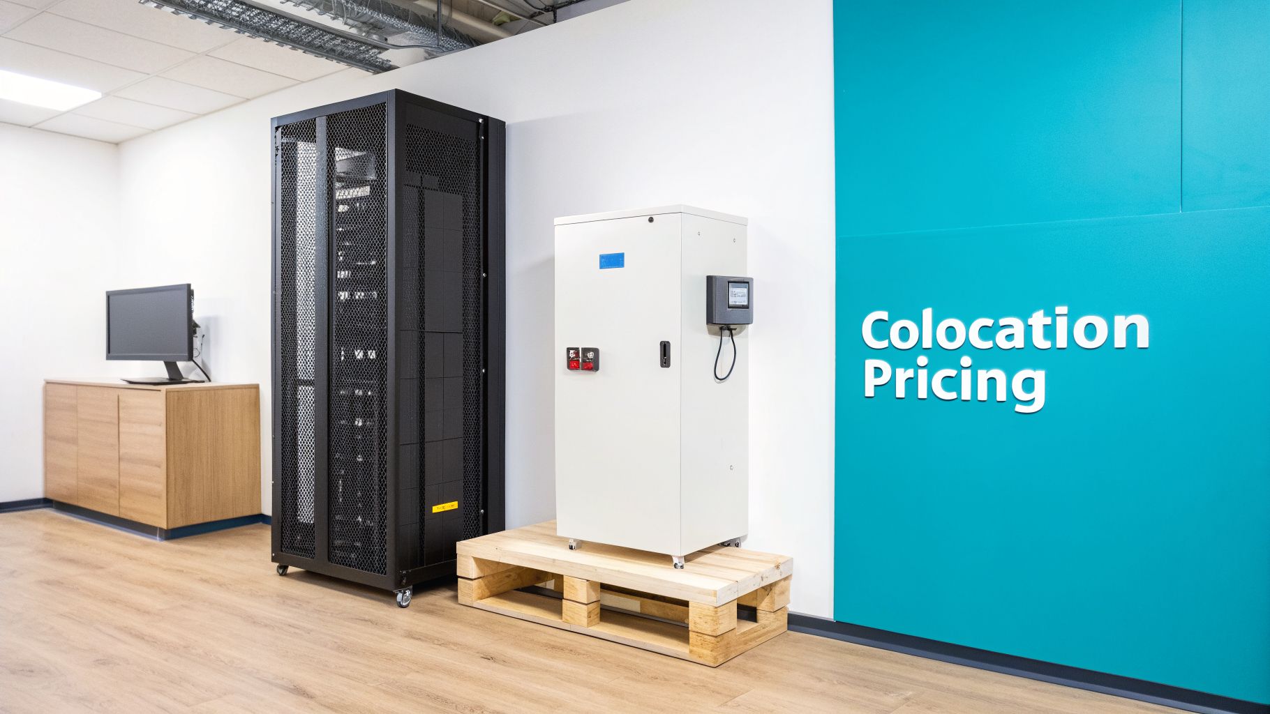 A small data center room featuring a server rack, equipment cabinet, and 'Colocation Pricing' on a turquoise wall.