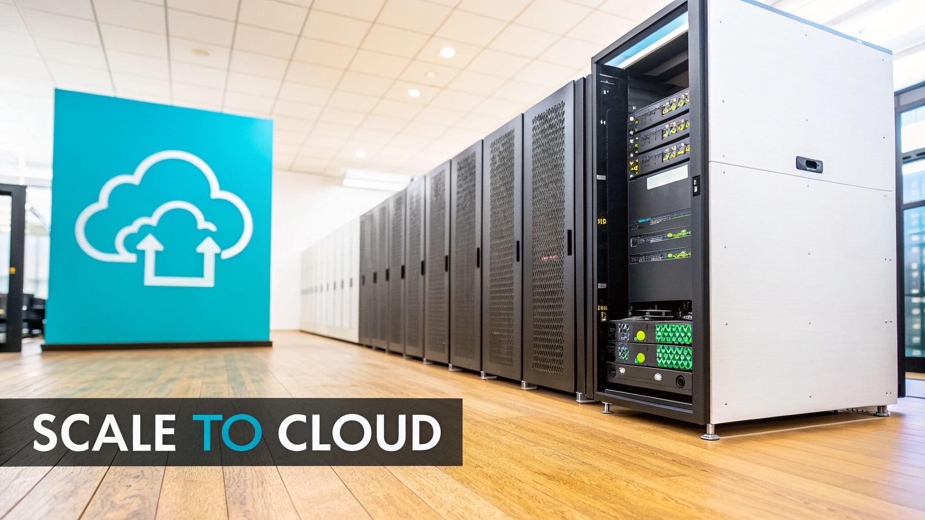 Server room with multiple black server racks, a cloud computing icon on a blue wall, and 'Scale to Cloud' text overlay.