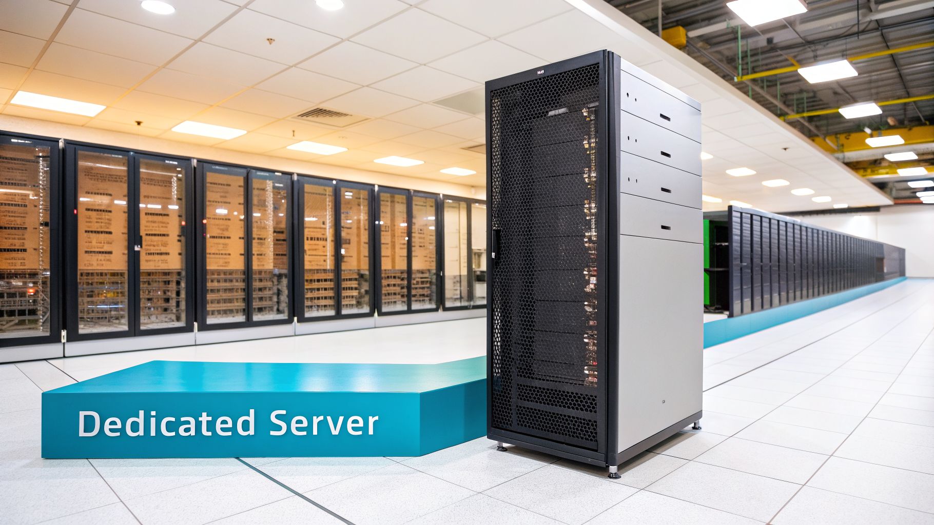 A large, modern data center with a prominent dedicated server rack and rows of servers.
