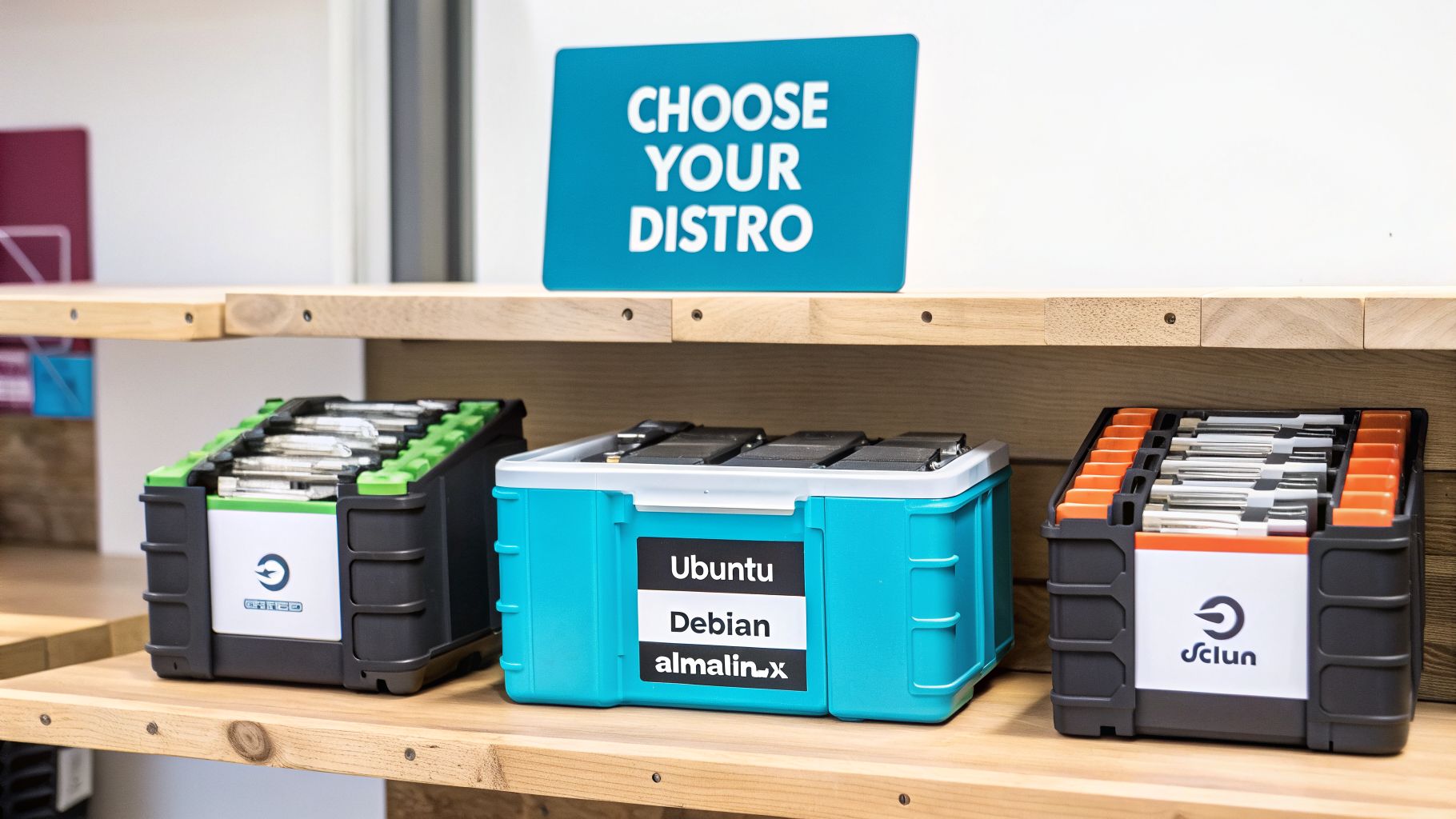 Three containers filled with hard drives, labeled with Linux distros, on a wooden shelf beneath a 'CHOOSE YOUR DISTRO' sign.