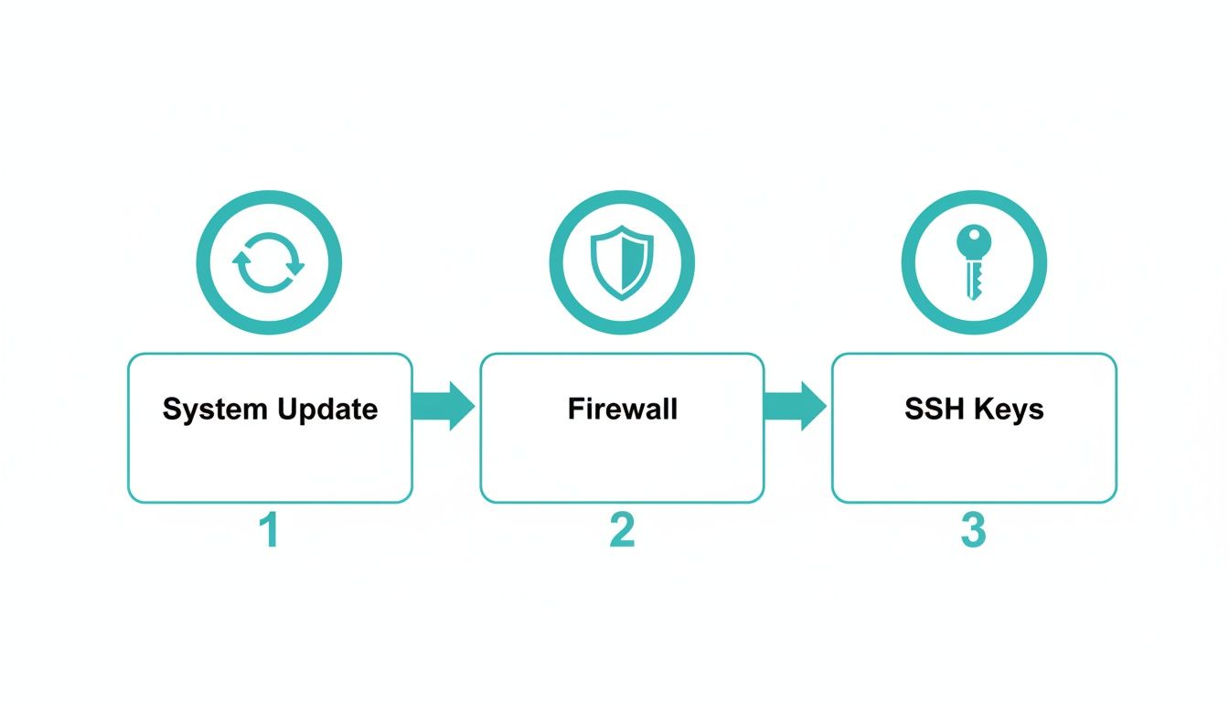 A three-step process diagram illustrating server security: System Update, Firewall, and SSH Keys, with corresponding icons.