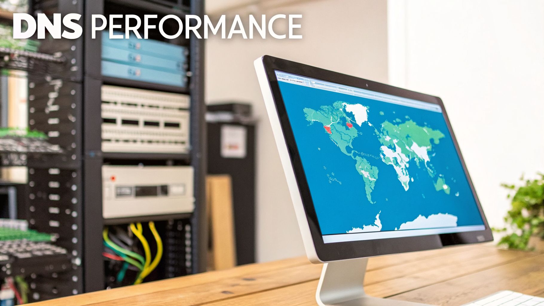 A computer monitor displays a world map illustrating DNS performance next to server racks.
