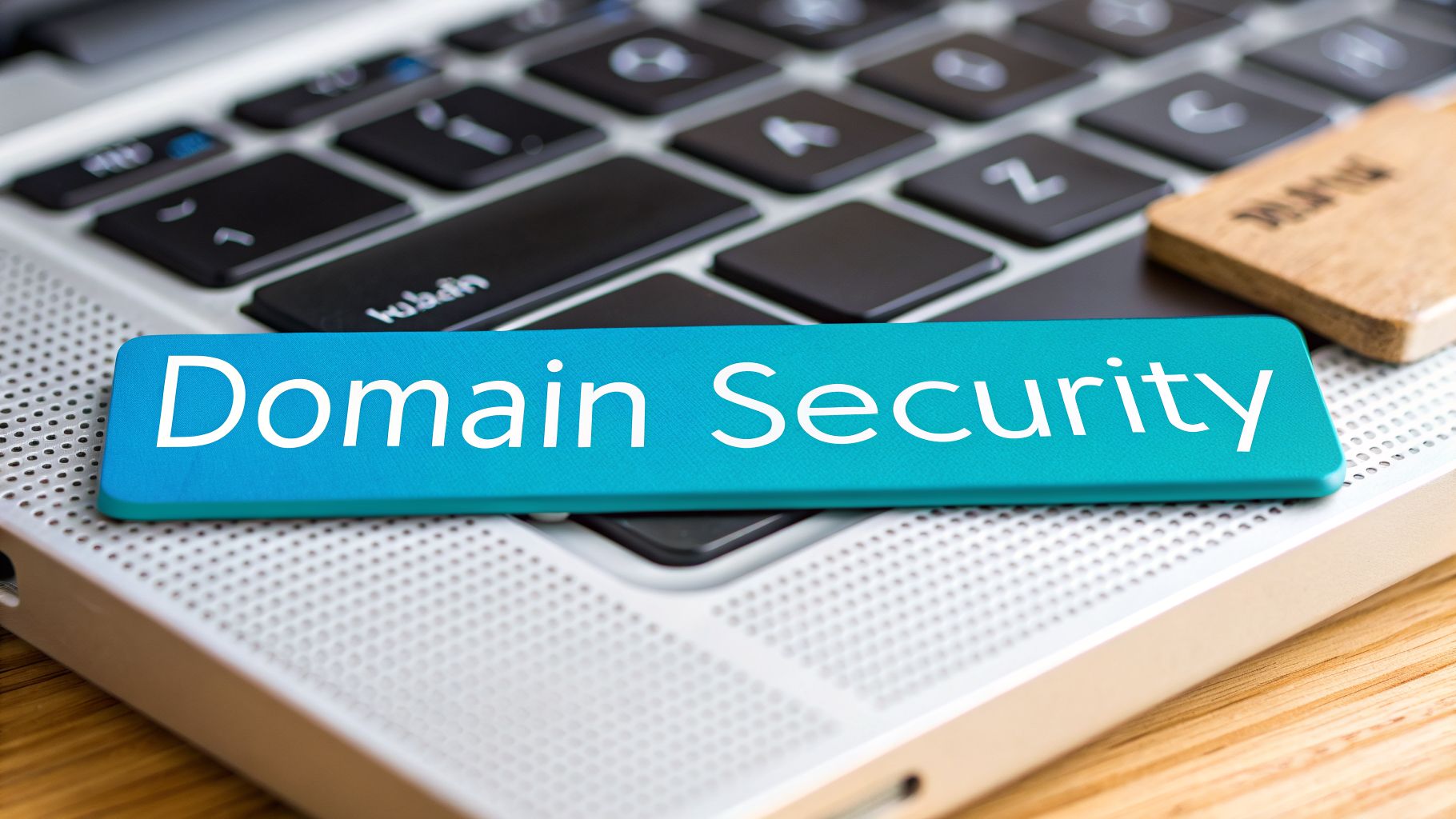 Close-up of a blue 'Domain Security' button resting on a modern laptop keyboard.
