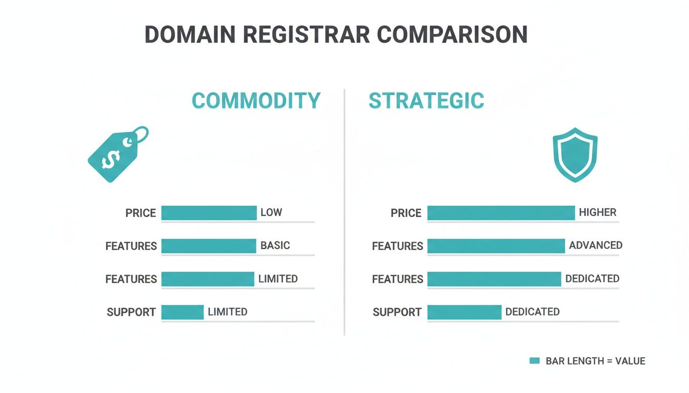 Comparison of commodity vs. strategic domain registrars highlighting differences in price, features, and support levels.