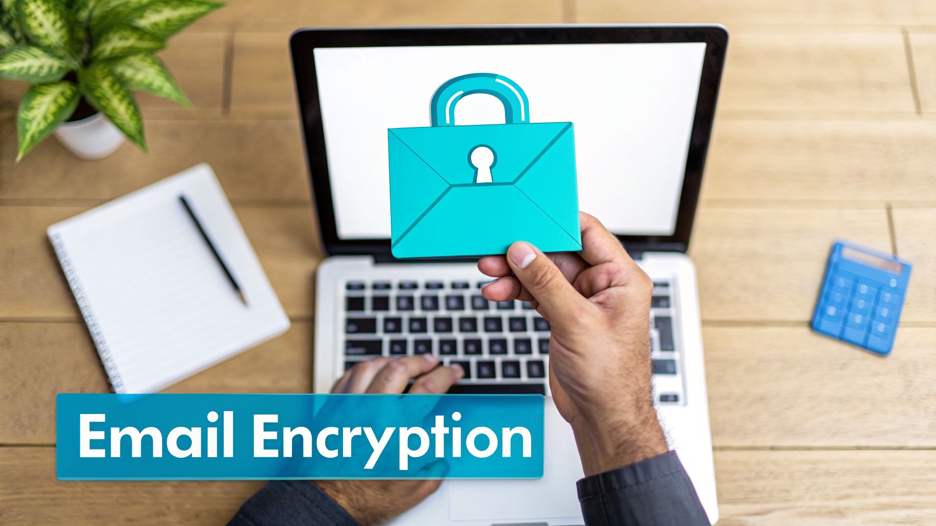 A person uses a laptop, holding a padlock-envelope icon for email encryption and security.