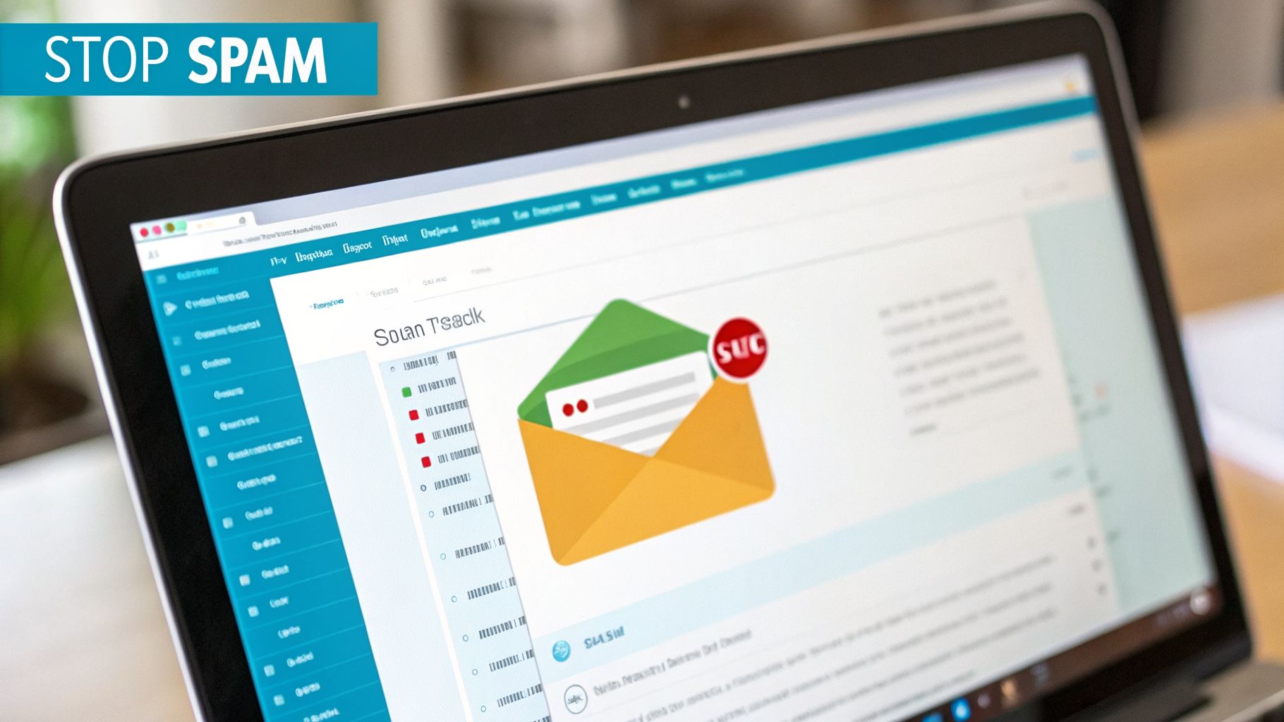 A laptop screen displays an email interface with an open envelope graphic and red spam indicators, alongside a 'STOP SPAM' banner.