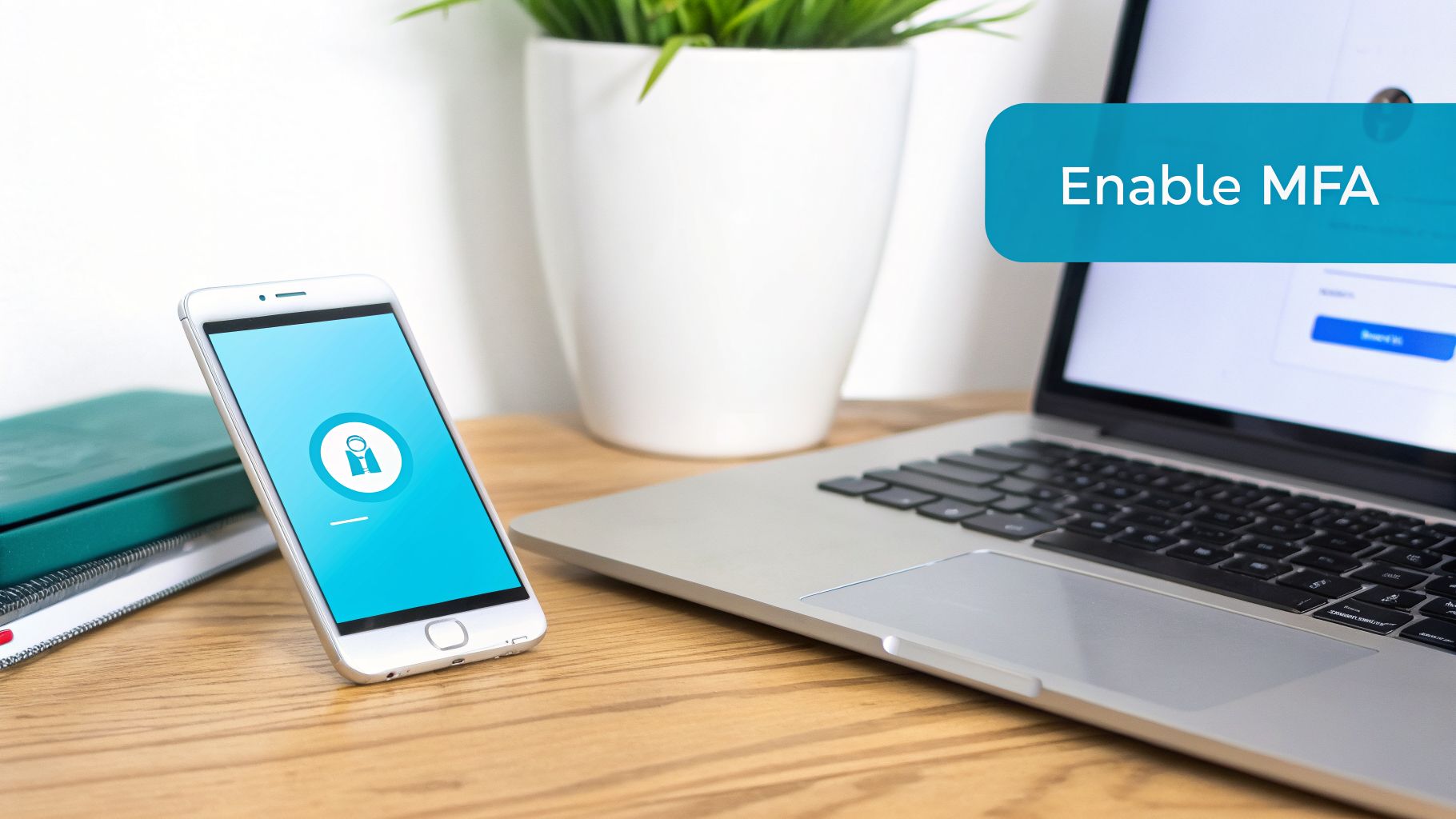 A smartphone displaying a security icon sits next to a laptop with 'Enable MFA' text.
