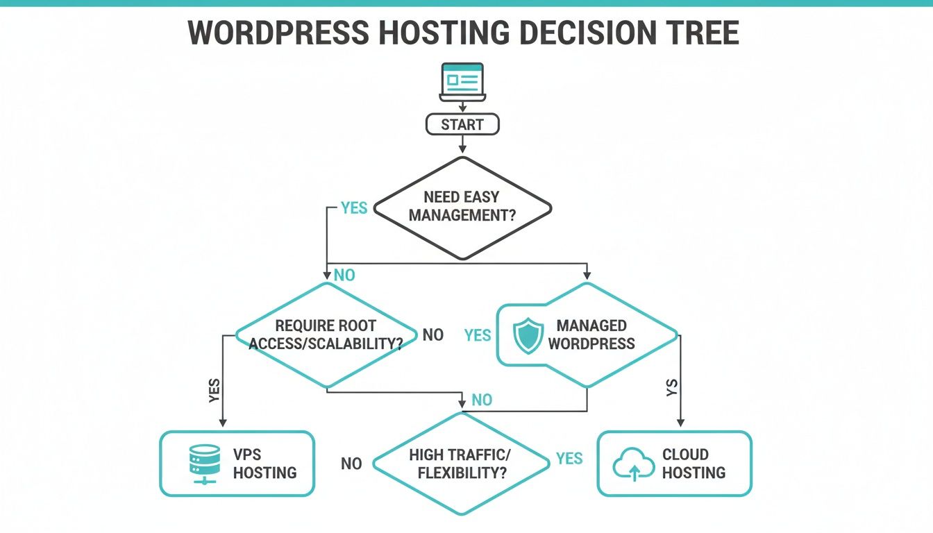A decision tree flowchart guiding users to choose the best WordPress hosting based on their needs.