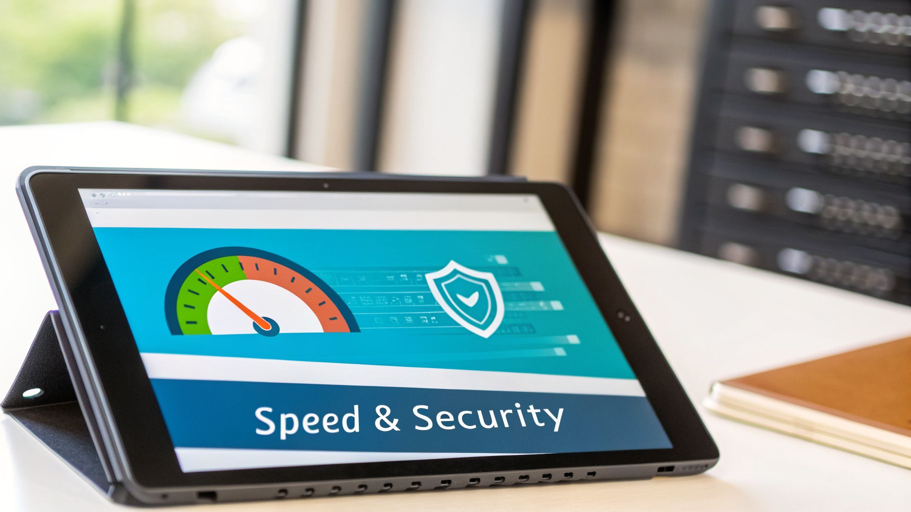 A tablet displays a 'Speed & Security' graphic with a speed gauge and a shield icon.