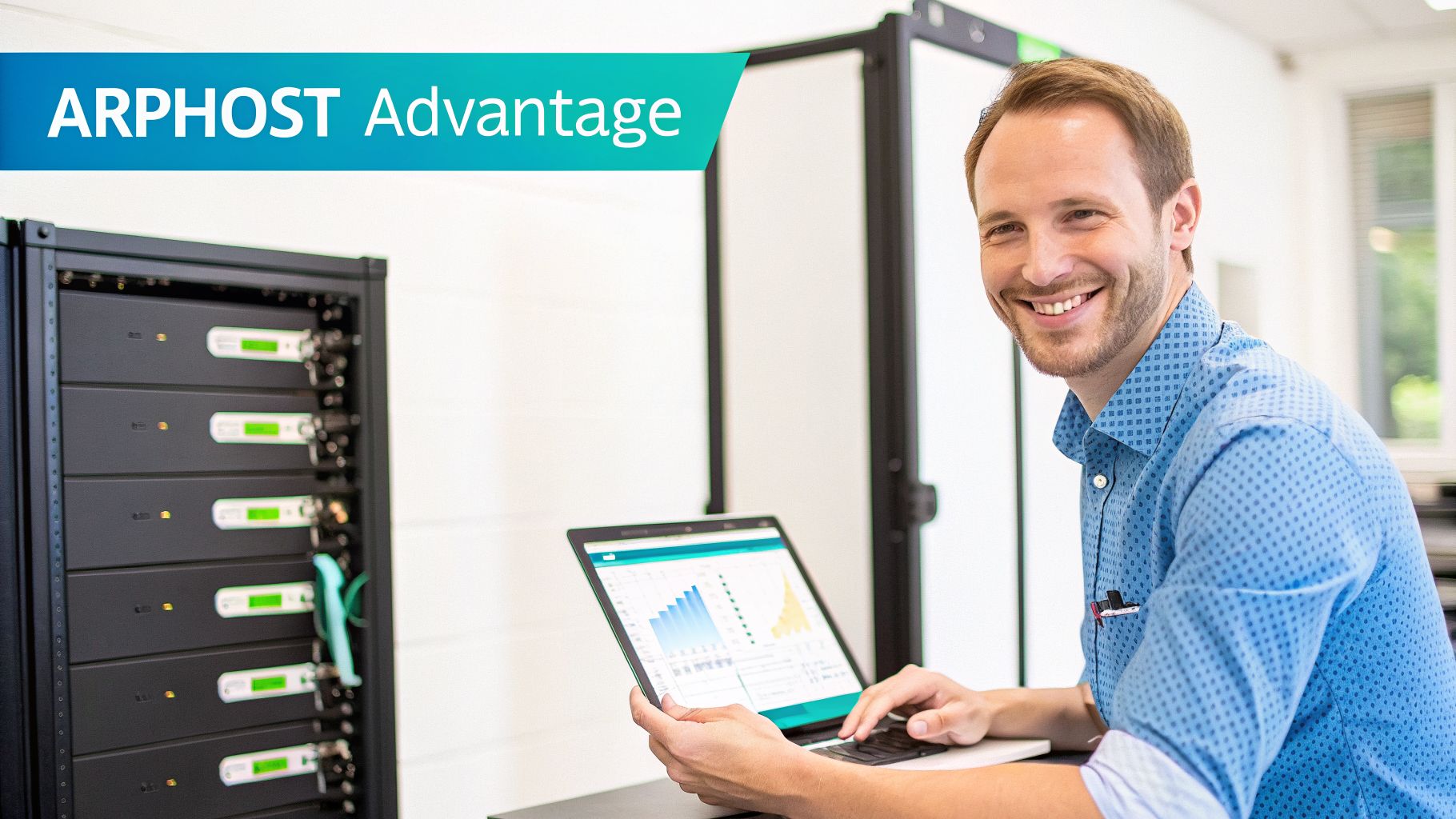 A smiling IT professional uses a laptop displaying charts, with server racks in a data center.