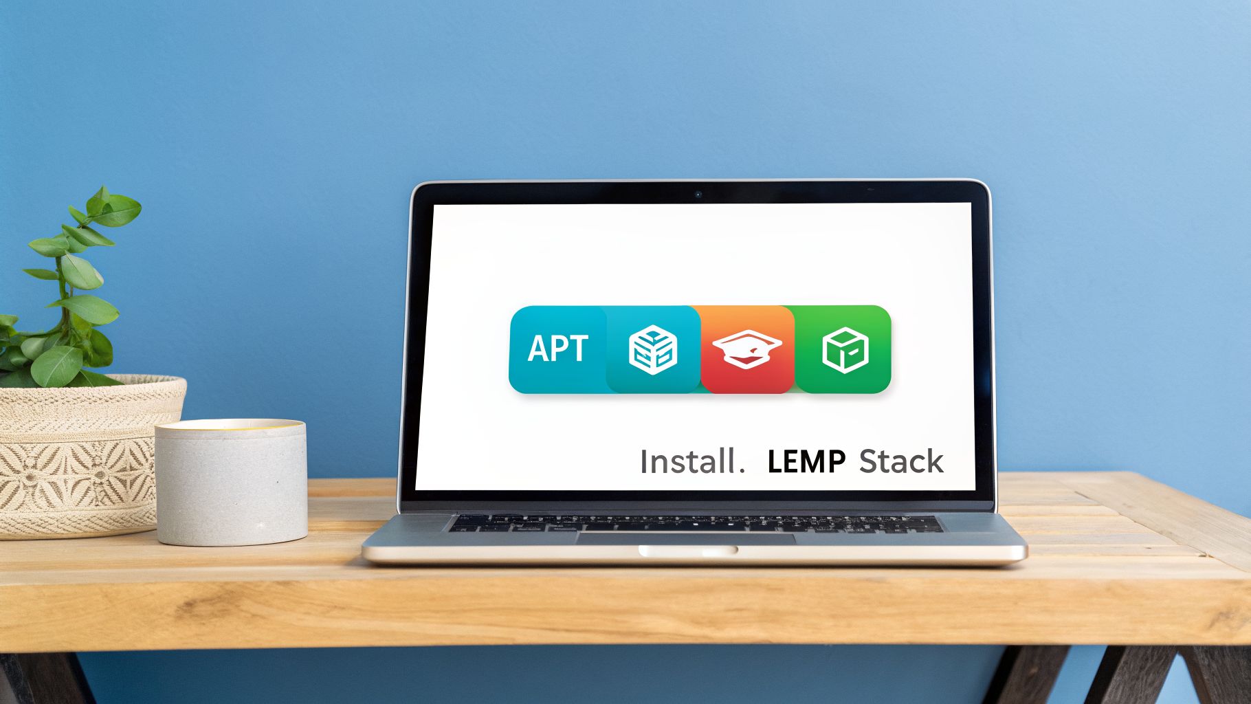 A laptop on a wooden desk showing 'Install. LEMP Stack' with various software icons.