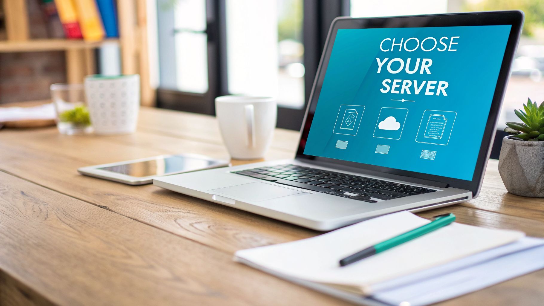 A laptop on a wooden desk displaying 'Choose Your Server' with cloud computing icons.