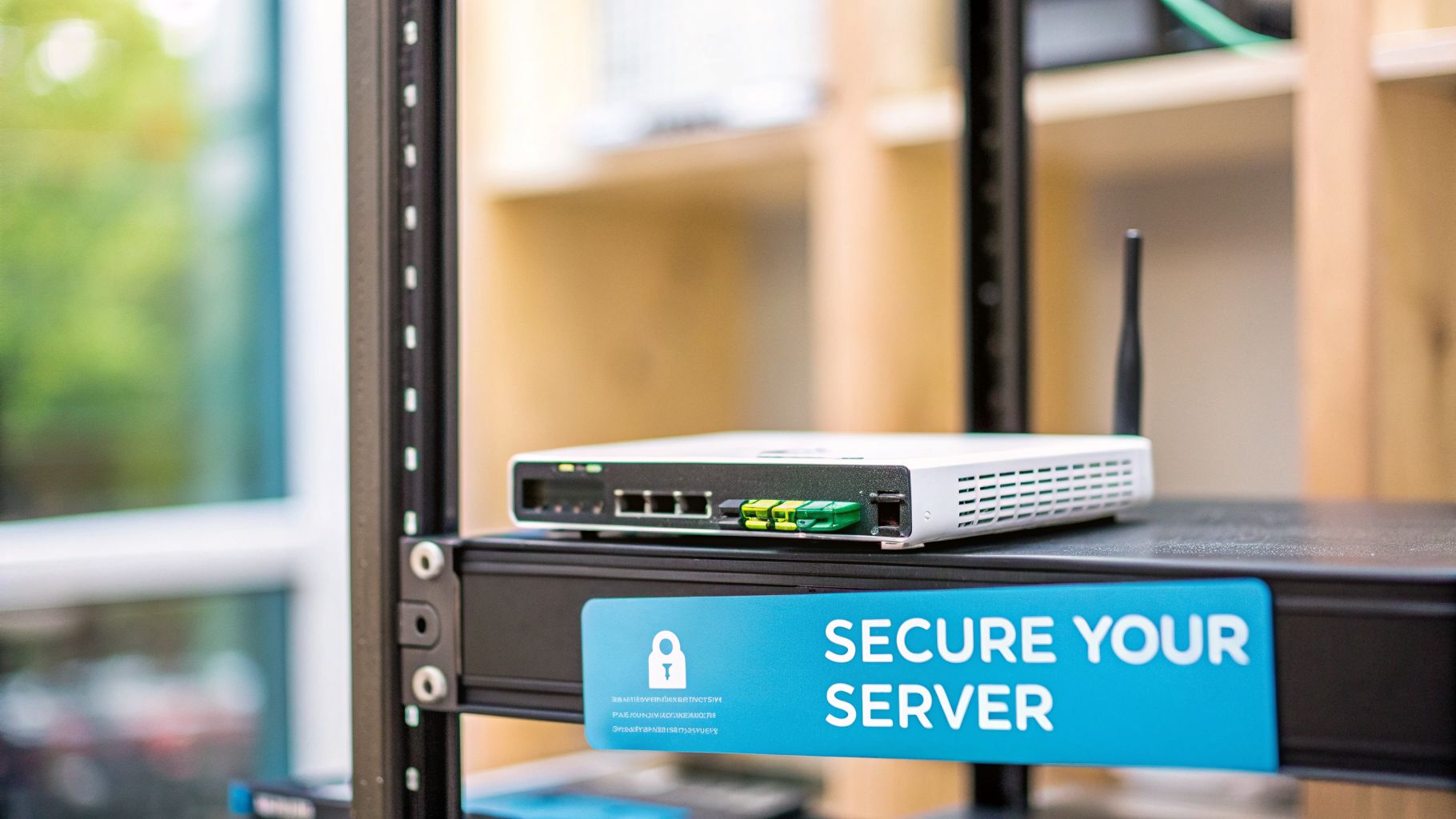 A white network device sits on a server rack with a blue 'Secure Your Server' sign.