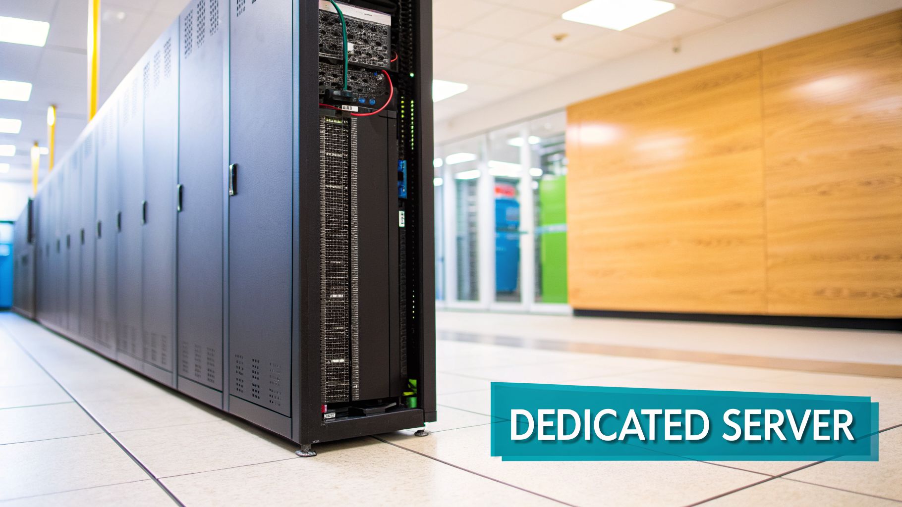 A long row of black server racks in a modern data center, with a 'DEDICATED SERVER' banner.
