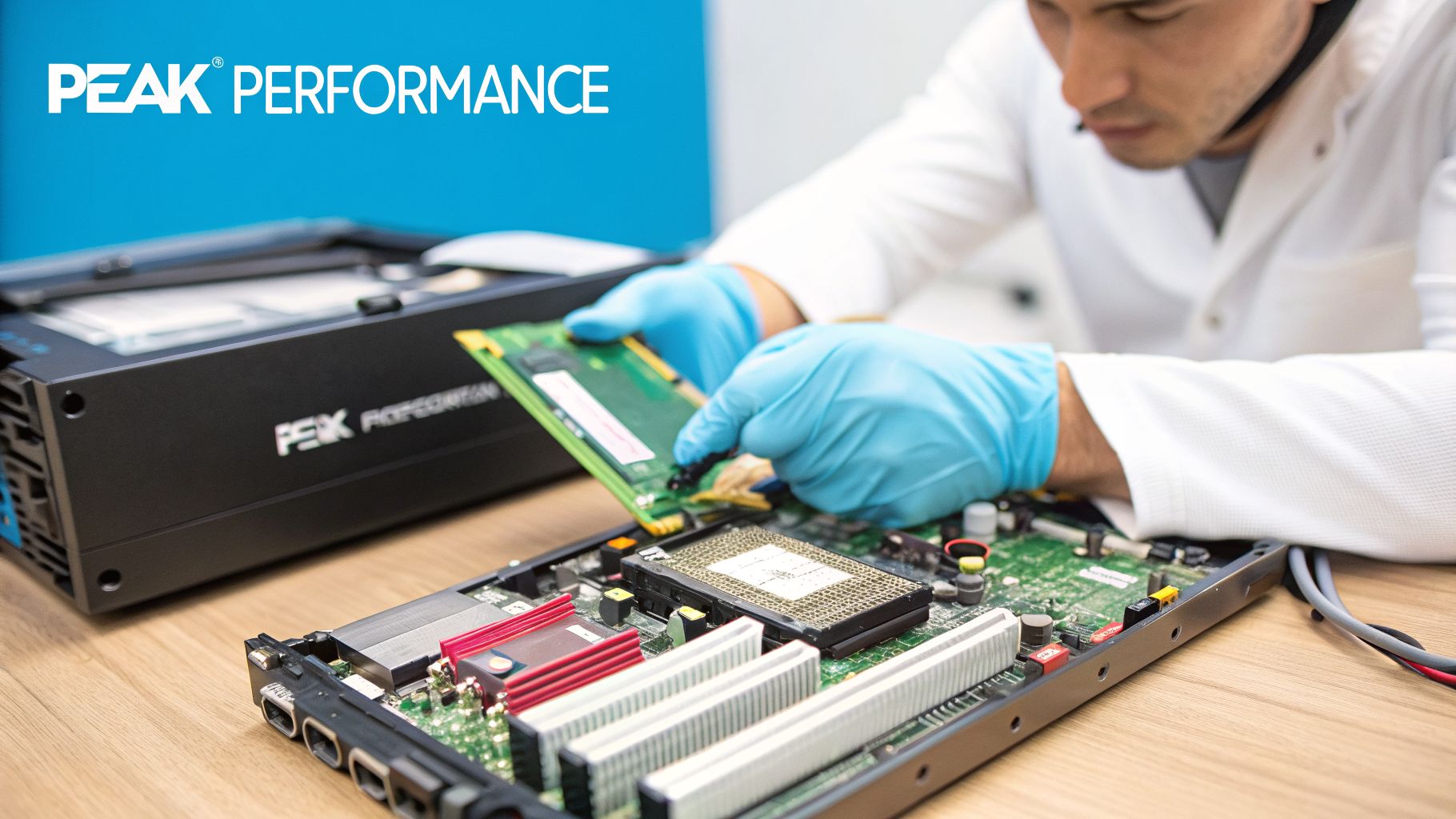 A technician wearing blue gloves installs a RAM module into a server motherboard on a wooden desk.