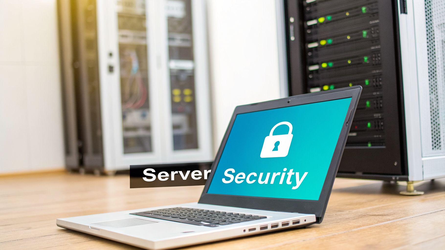 A laptop displaying 'Server Security' with a padlock icon in front of blurred server racks.