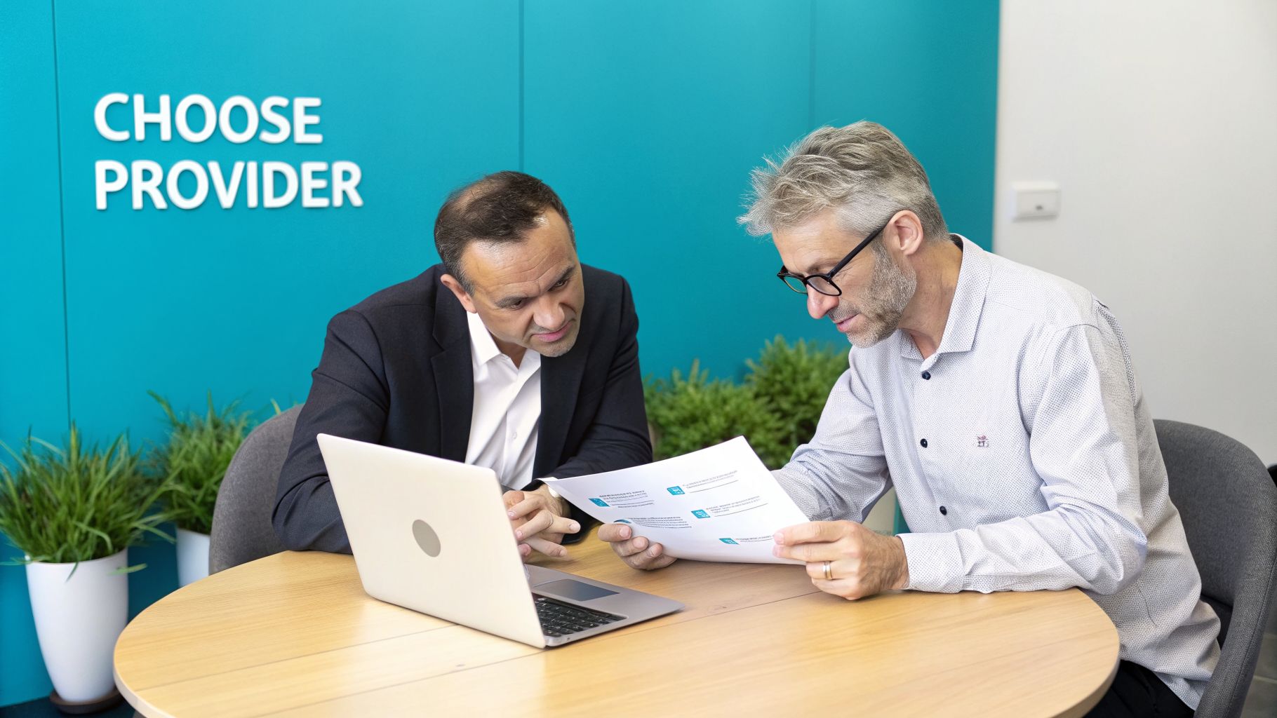 Two men discuss documents and a laptop in a modern office with a 'CHOOSE PROVIDER' sign.