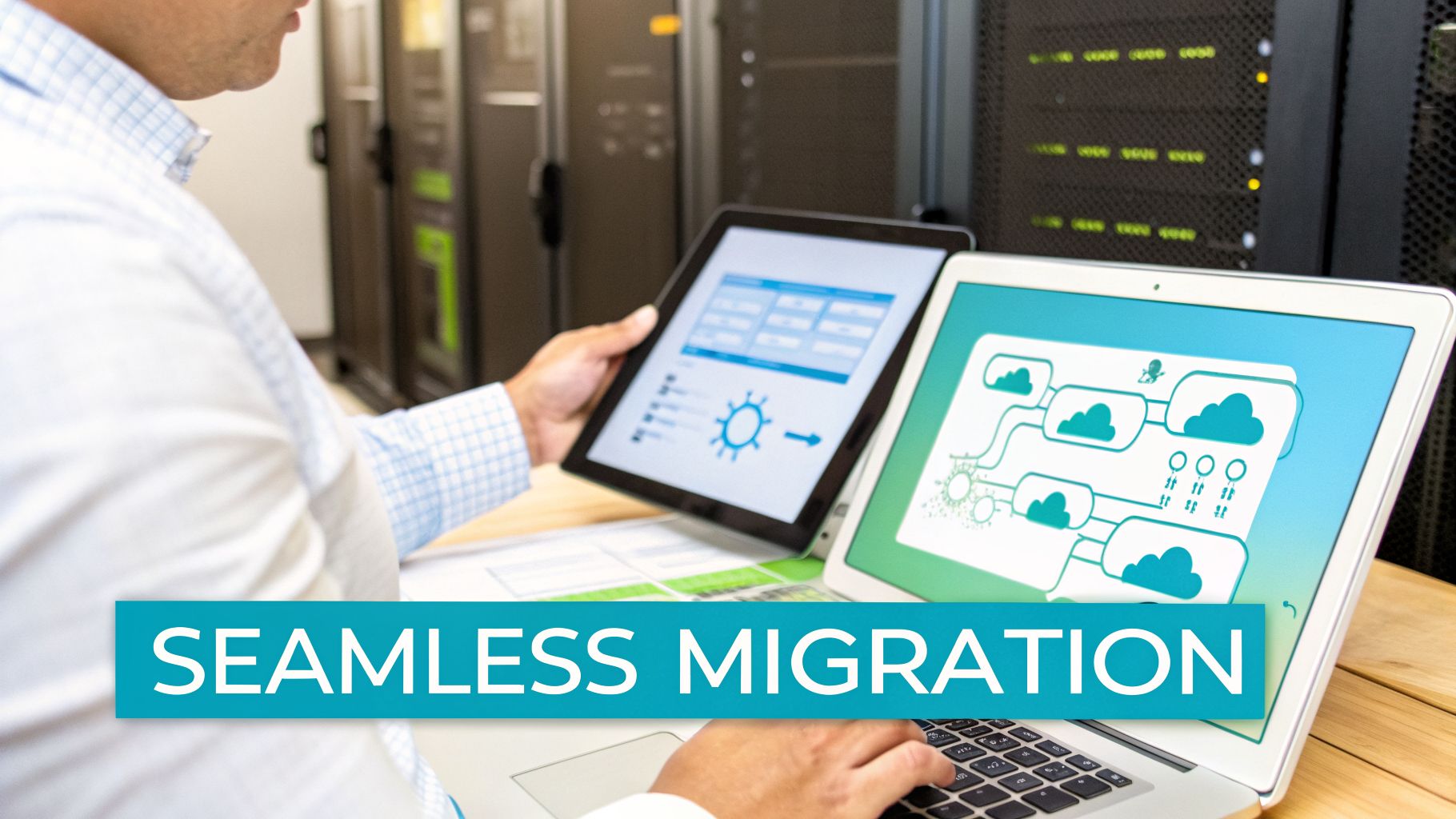 Professional planning cloud data migration in a server room using a tablet and laptop.
