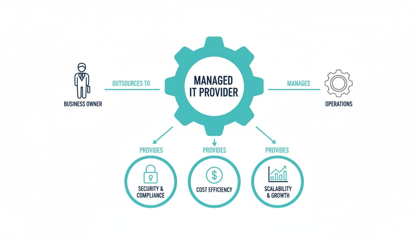 Diagram illustrating how a Managed IT Provider offers security, cost efficiency, and scalability to a business owner.