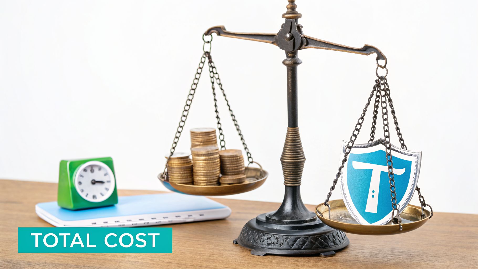 A balance scale weighs stacks of coins against a blue shield with a 'T' logo, illustrating total cost versus protection.