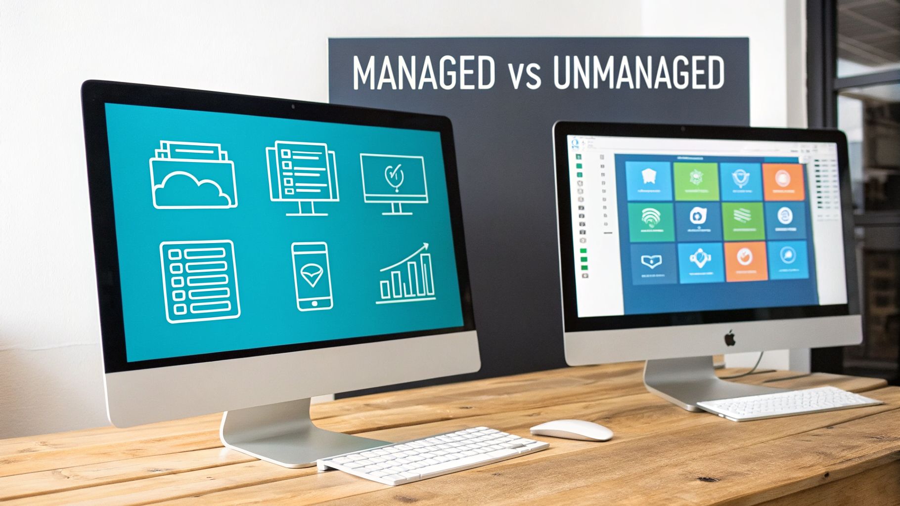 Two desktop computers displaying 'Managed vs Unmanaged' on a sign, showing contrasting digital interfaces and services.