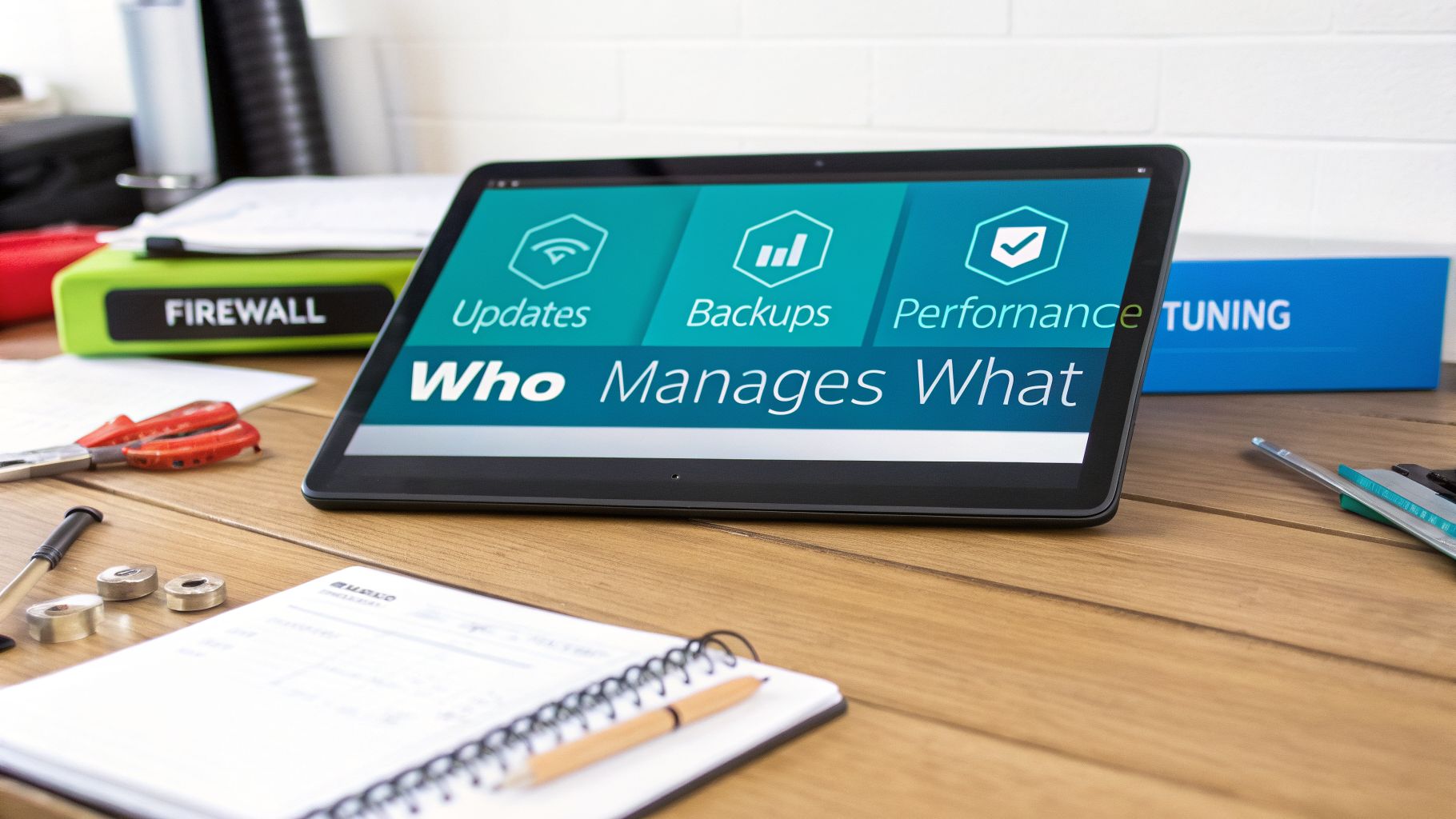 A tablet screen displays 'Who Manages What' with options for Updates, Backups, and Performance Tuning, on a wooden desk with office items.