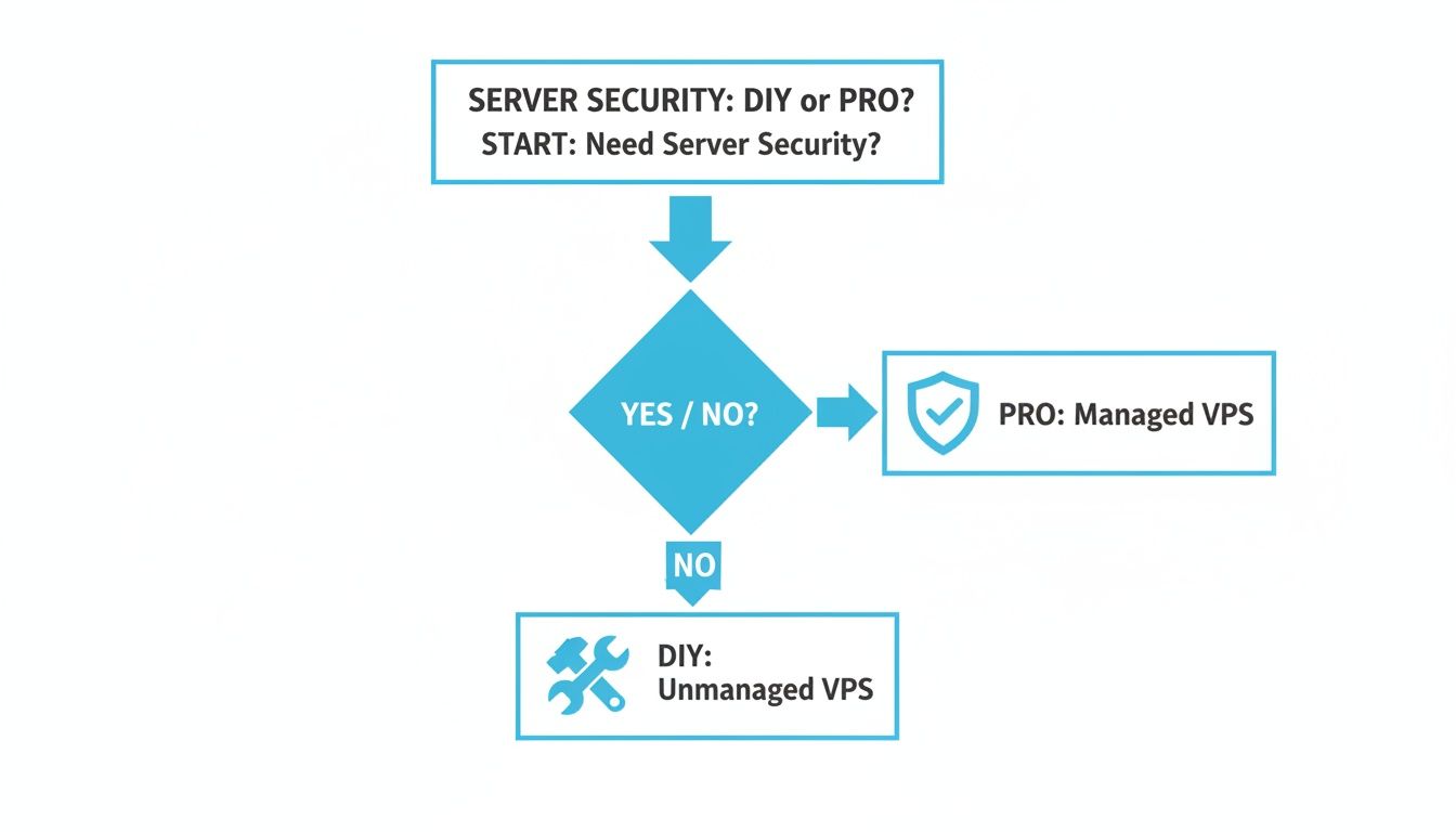 Flowchart illustrating server security choices: Managed VPS for those needing security, Unmanaged VPS for those who don't.